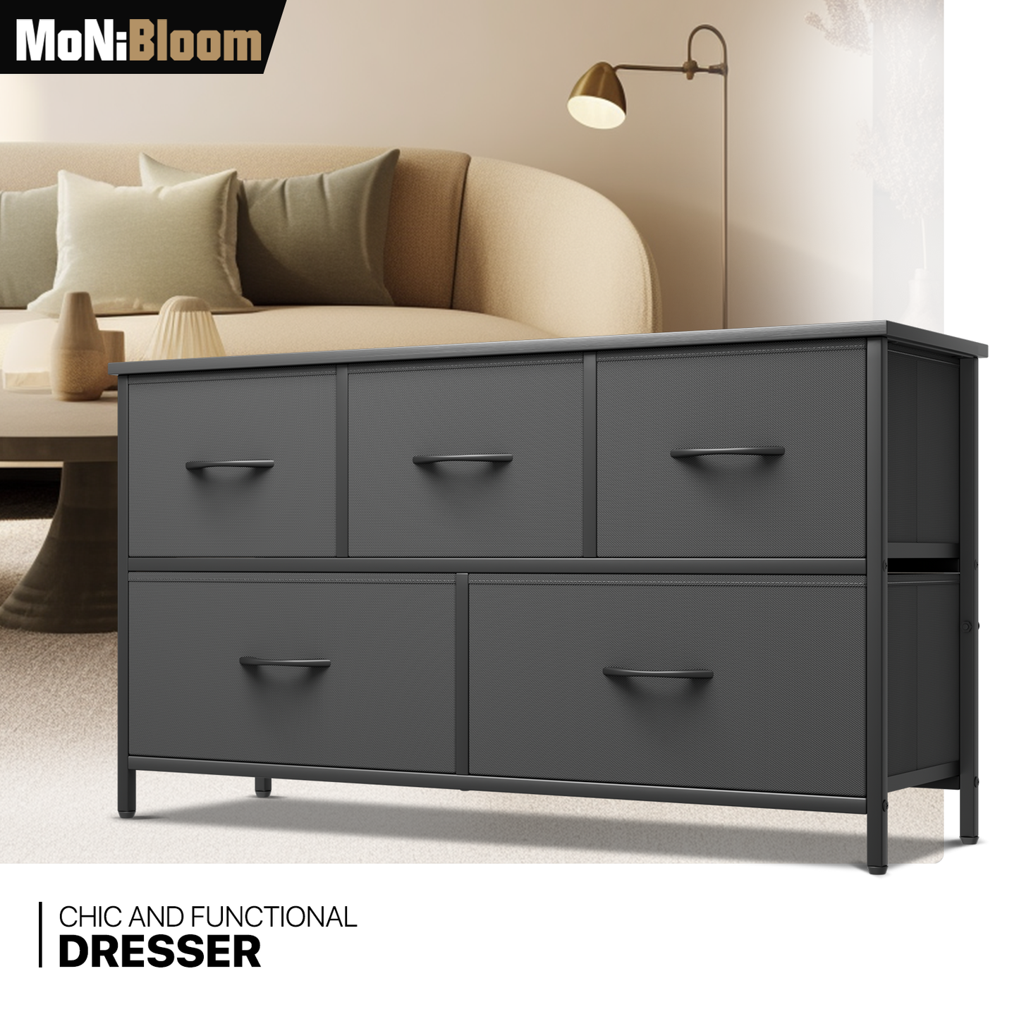 22" Height Dresser - 5 Fabric Drawer- Metal Frame - MDF Top