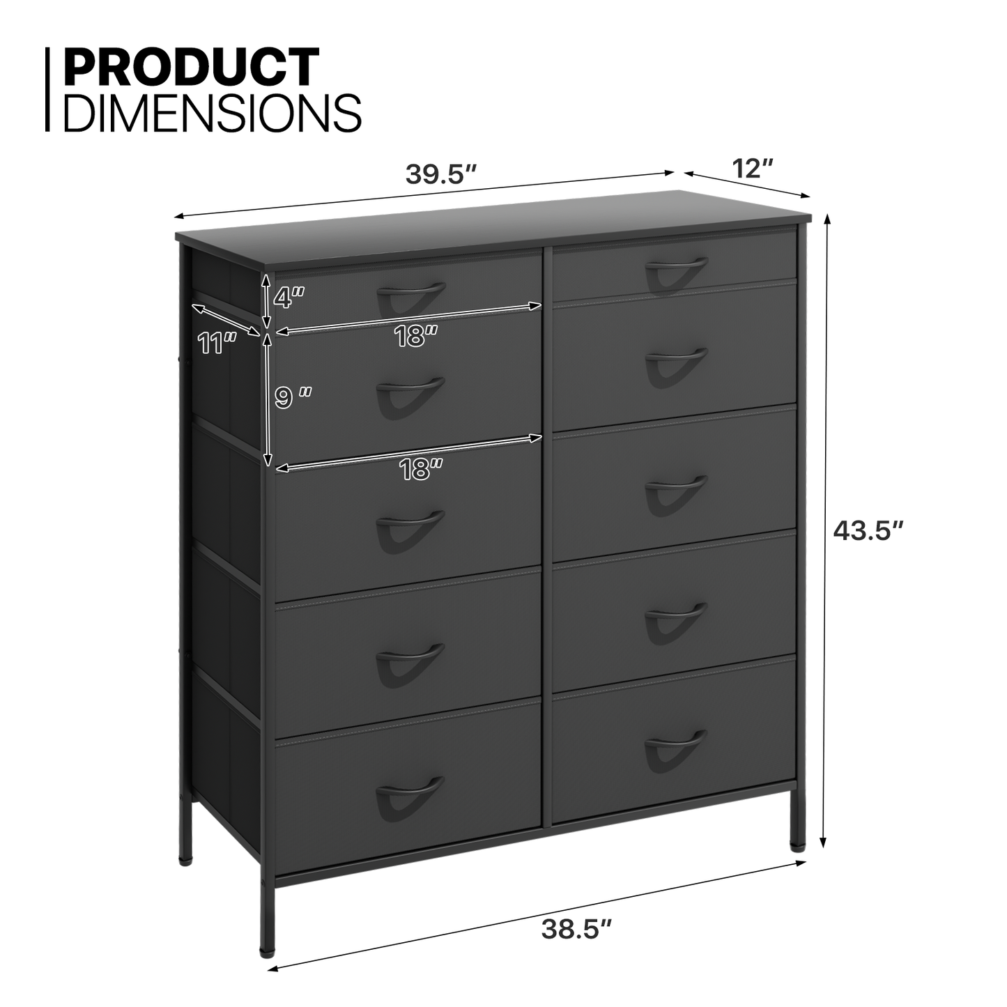 43.5" Height Dresser - 10 Fabric Drawer- Metal Frame - MDF Top