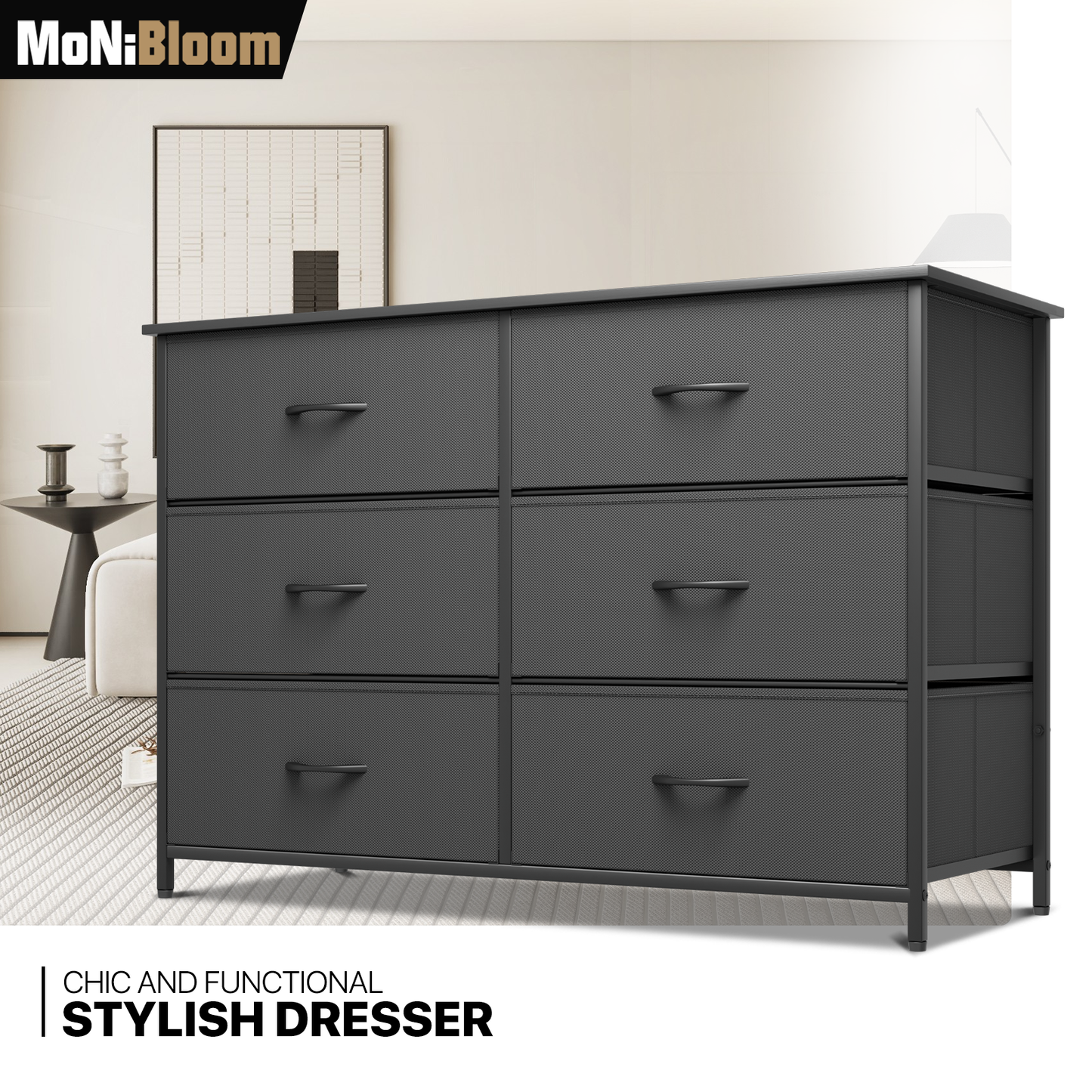 28.5" Height Dresser - 6 Fabric Drawer- Metal Frame - MDF Top
