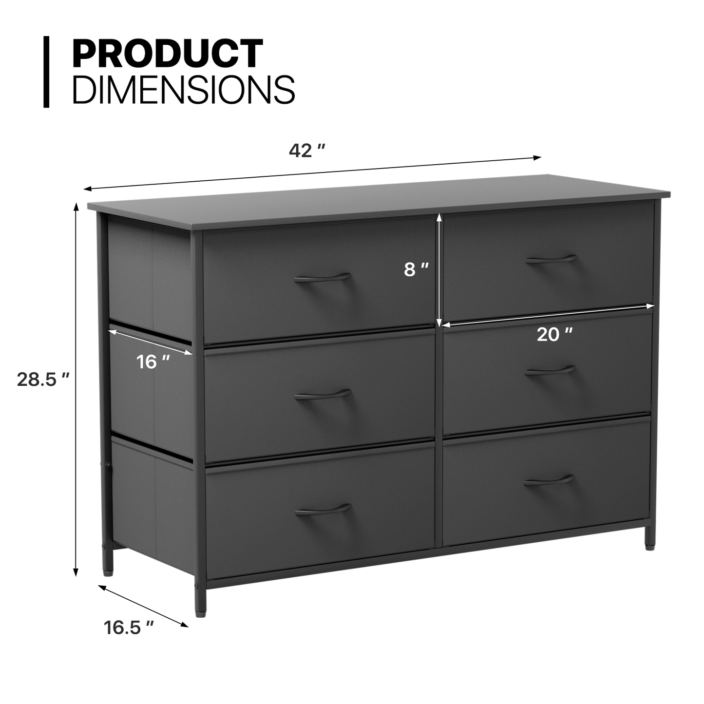 28.5" Height Dresser - 6 Fabric Drawer- Metal Frame - MDF Top