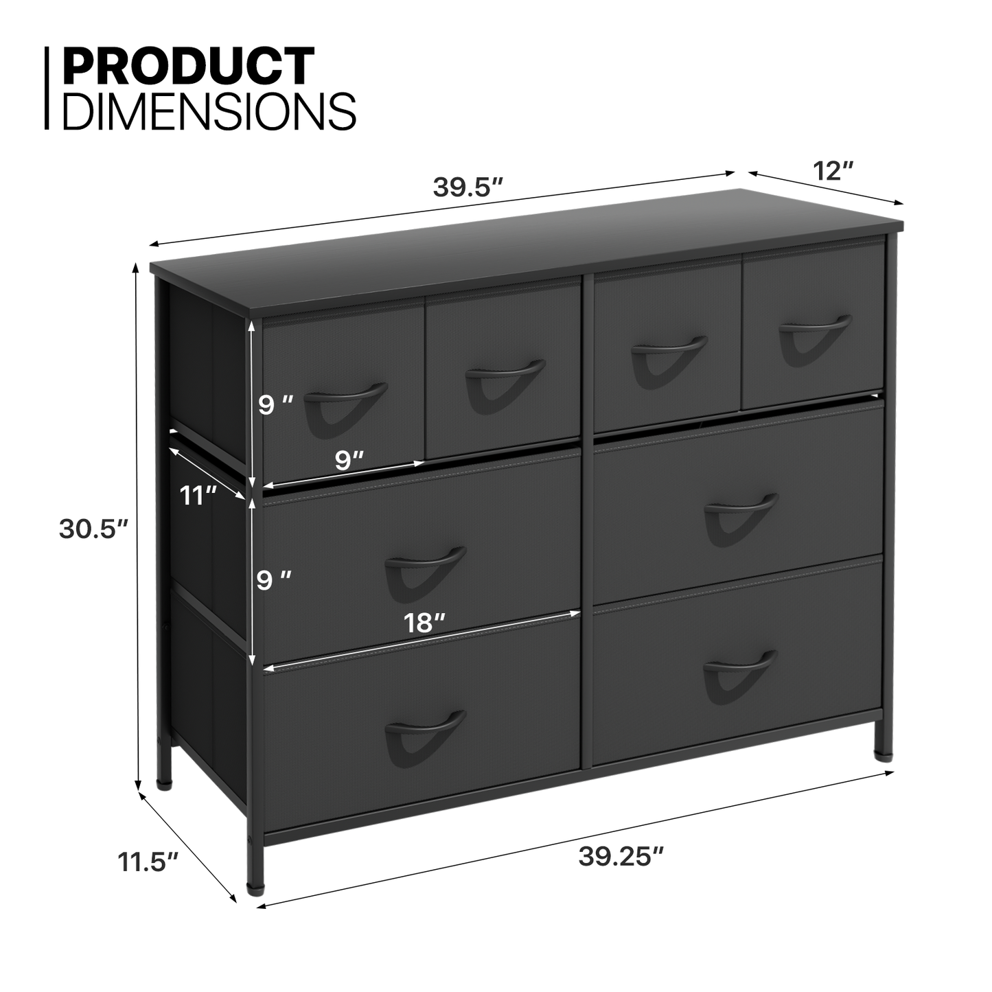 30.5" Height Dresser - 8 Fabric Drawer- Metal Frame - MDF Top