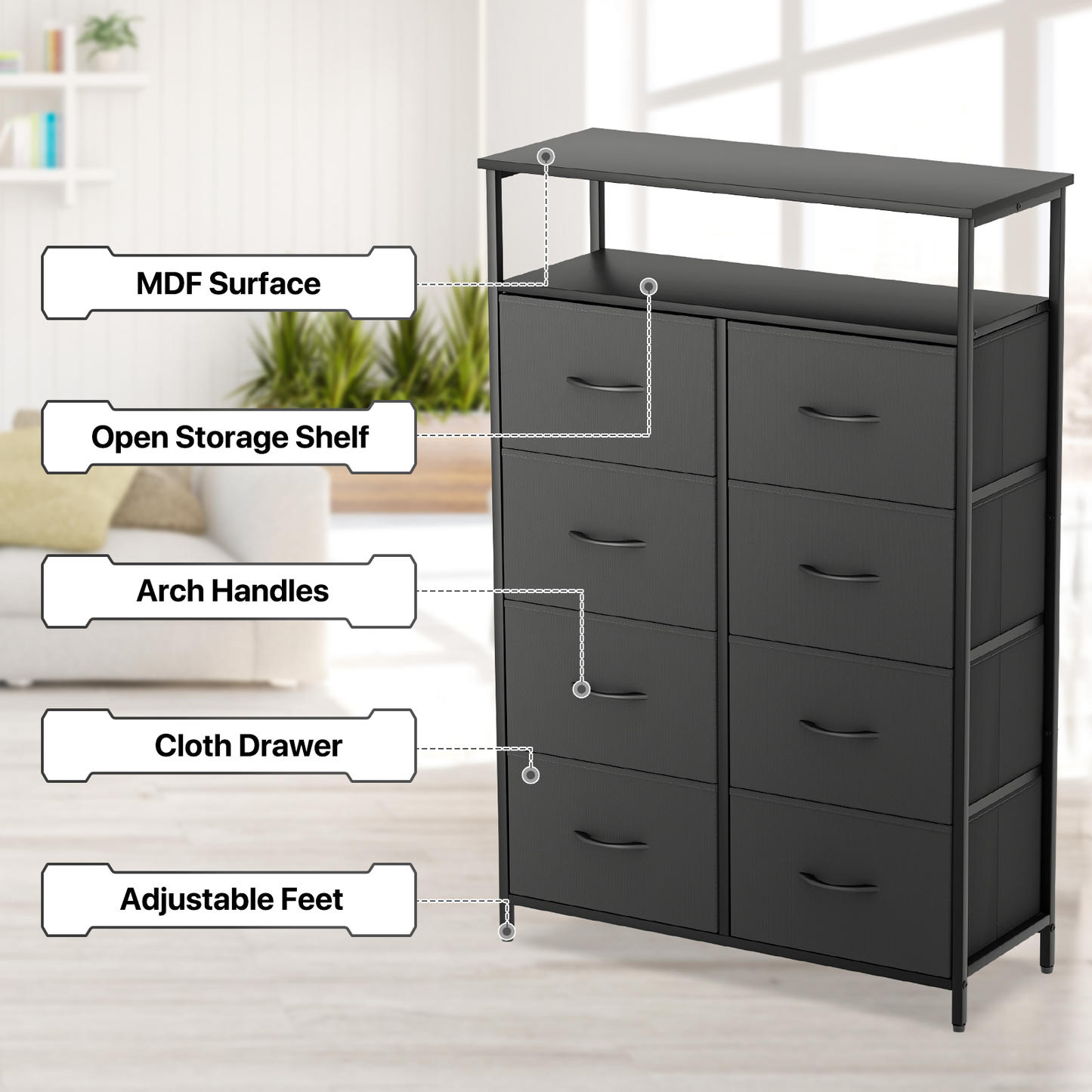 46" Dresser Model Fabric Drawer Metal Frame, 8-Drawer