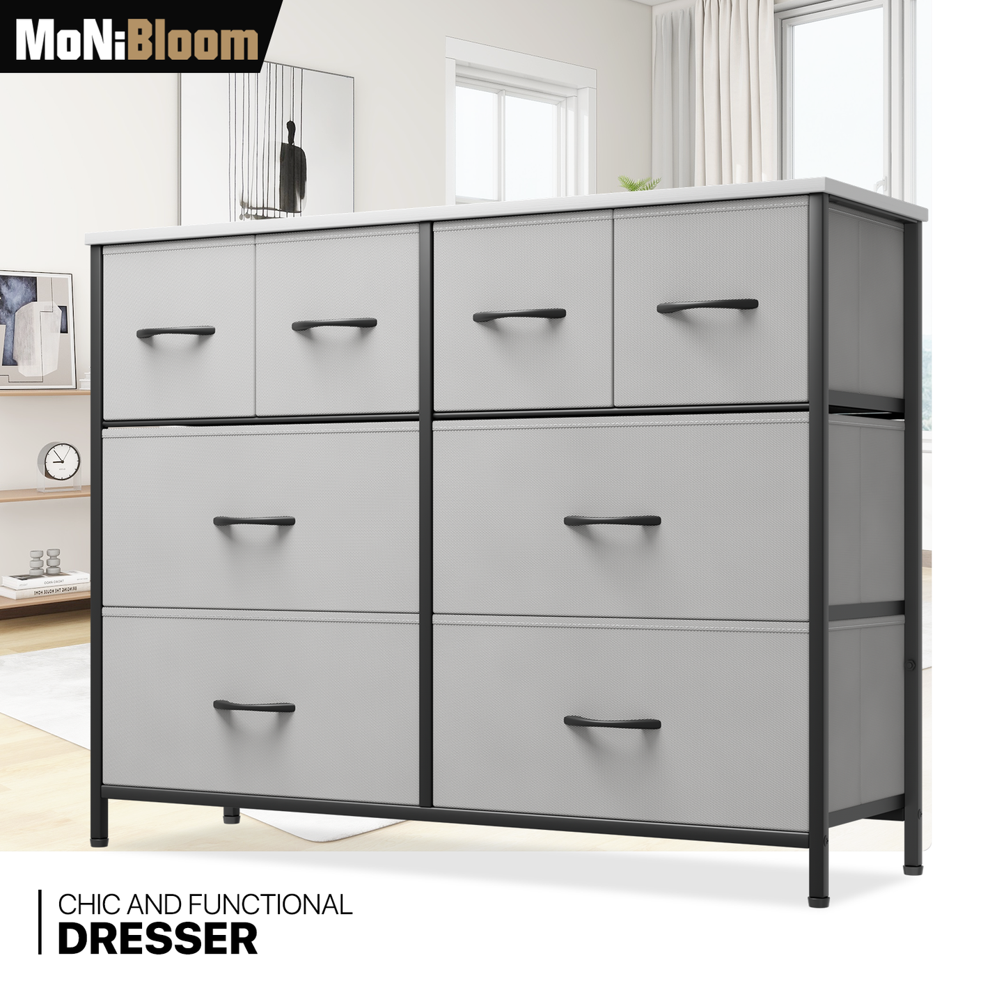 30.5" Height Dresser - 8 Fabric Drawer- Metal Frame - MDF Top