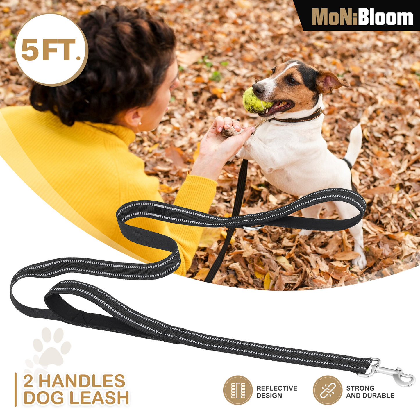 5 ft Reflective Strips Dog Leash - w/ 2 Handles