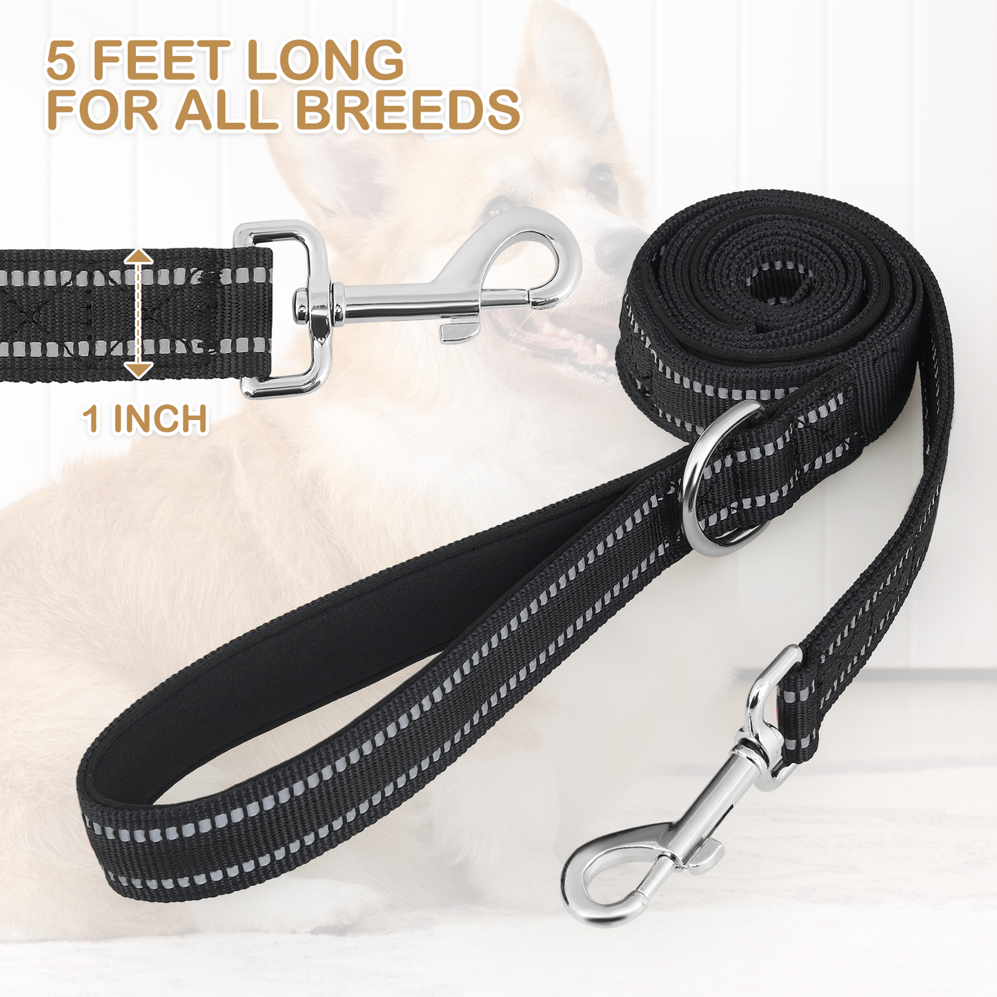 5 ft Reflective Strips Dog Leash - w/ 2 Handles