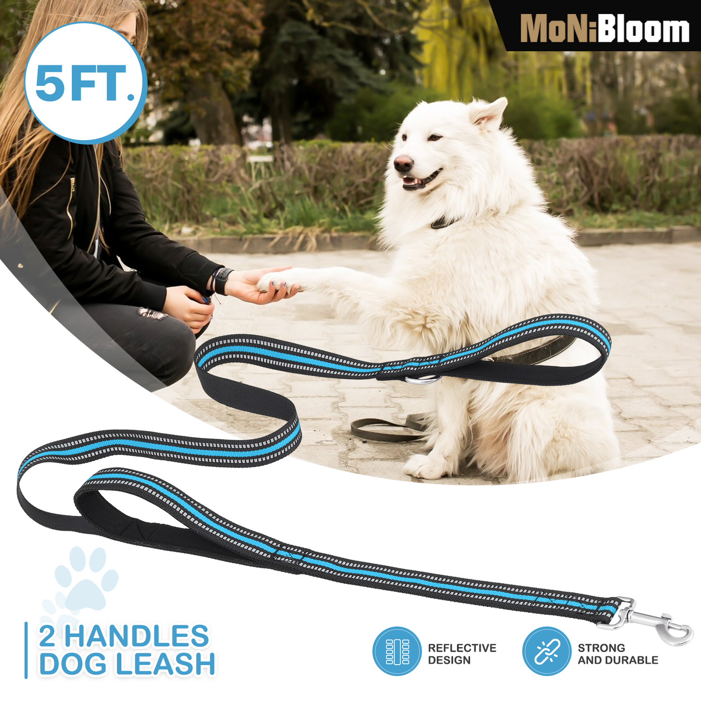 5 ft Reflective Strips Dog Leash - w/ 2 Handles