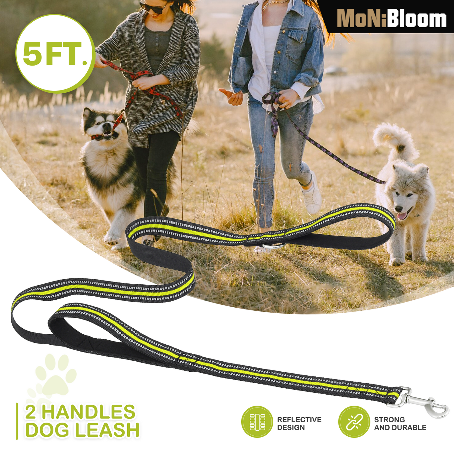 5 ft Reflective Strips Dog Leash - w/ 2 Handles