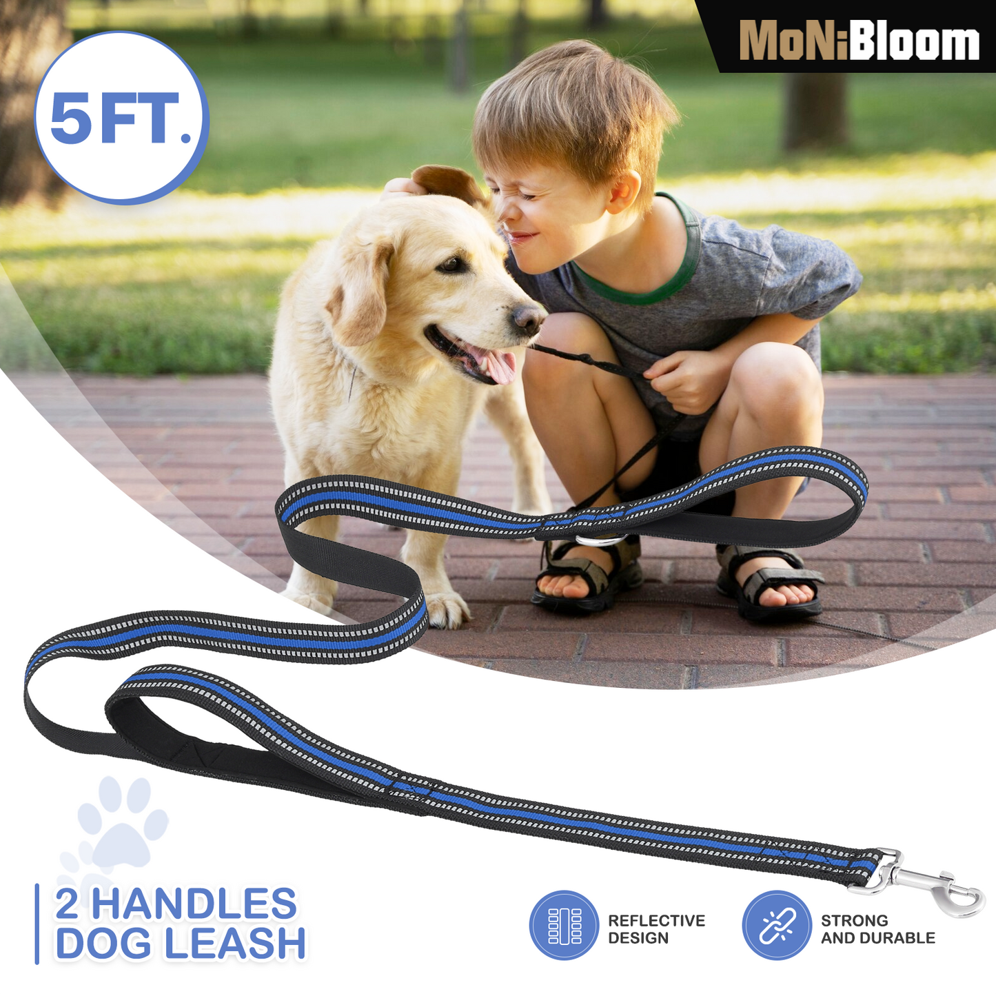 5 ft Reflective Strips Dog Leash - w/ 2 Handles