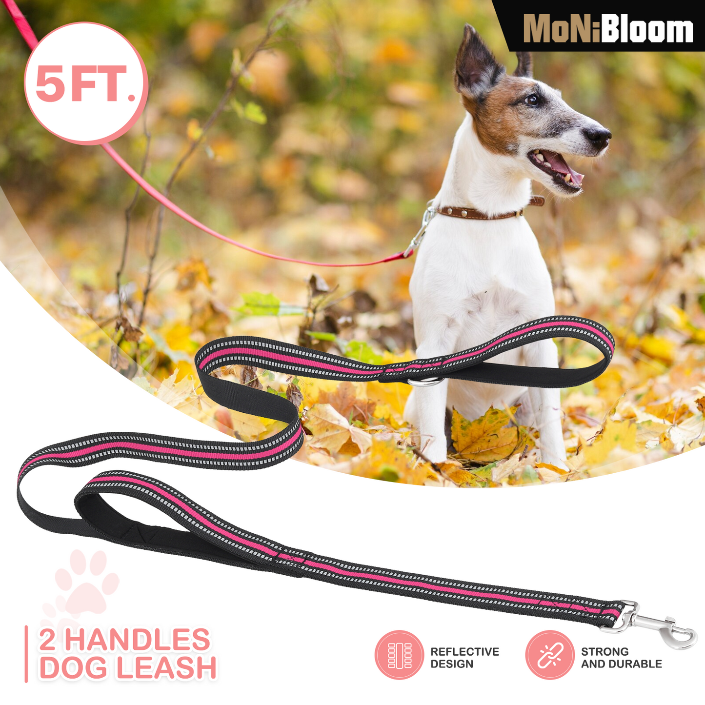 5 ft Reflective Strips Dog Leash - w/ 2 Handles