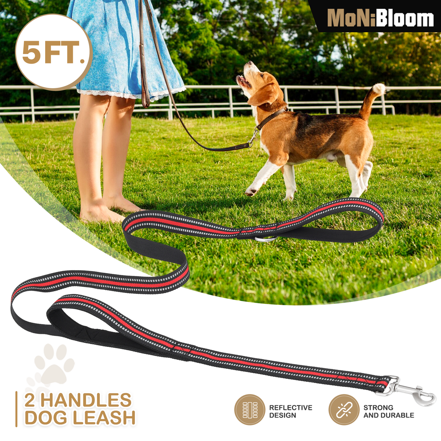 5 ft Reflective Strips Dog Leash - w/ 2 Handles