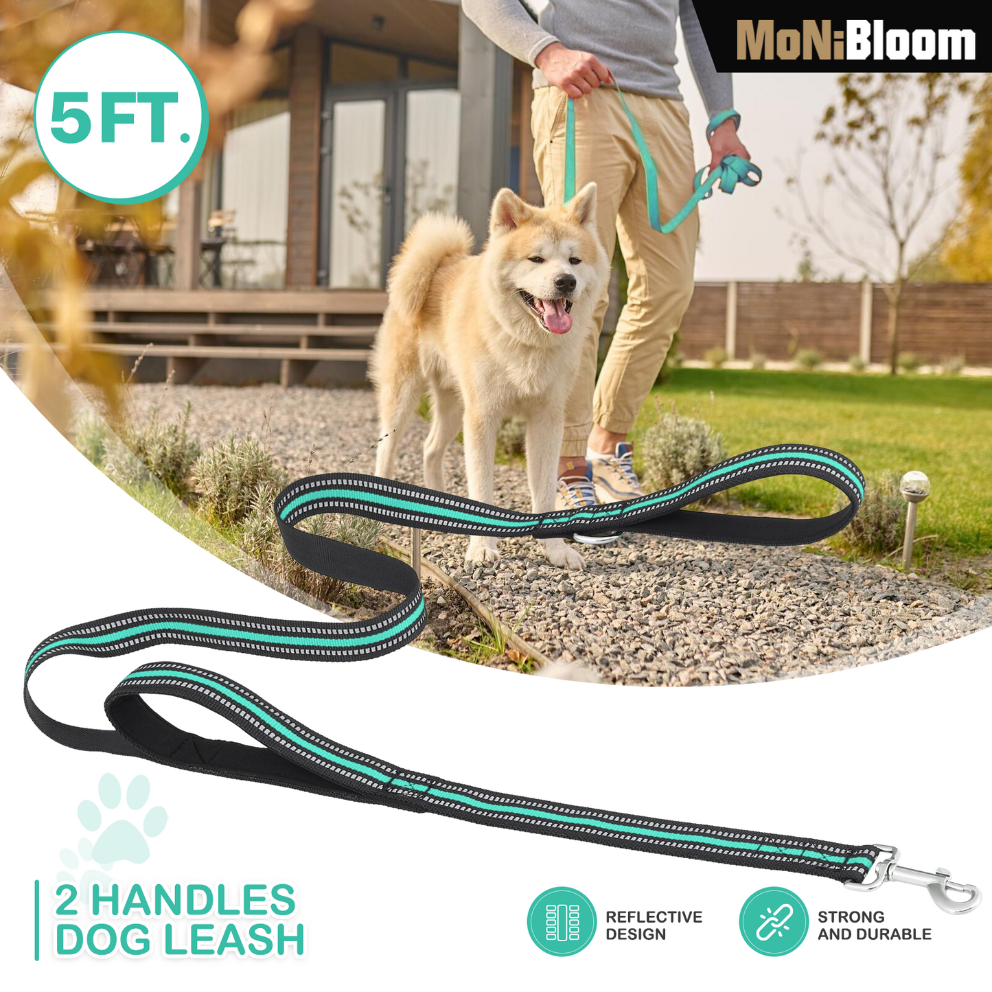 5 ft Reflective Strips Dog Leash - w/ 2 Handles