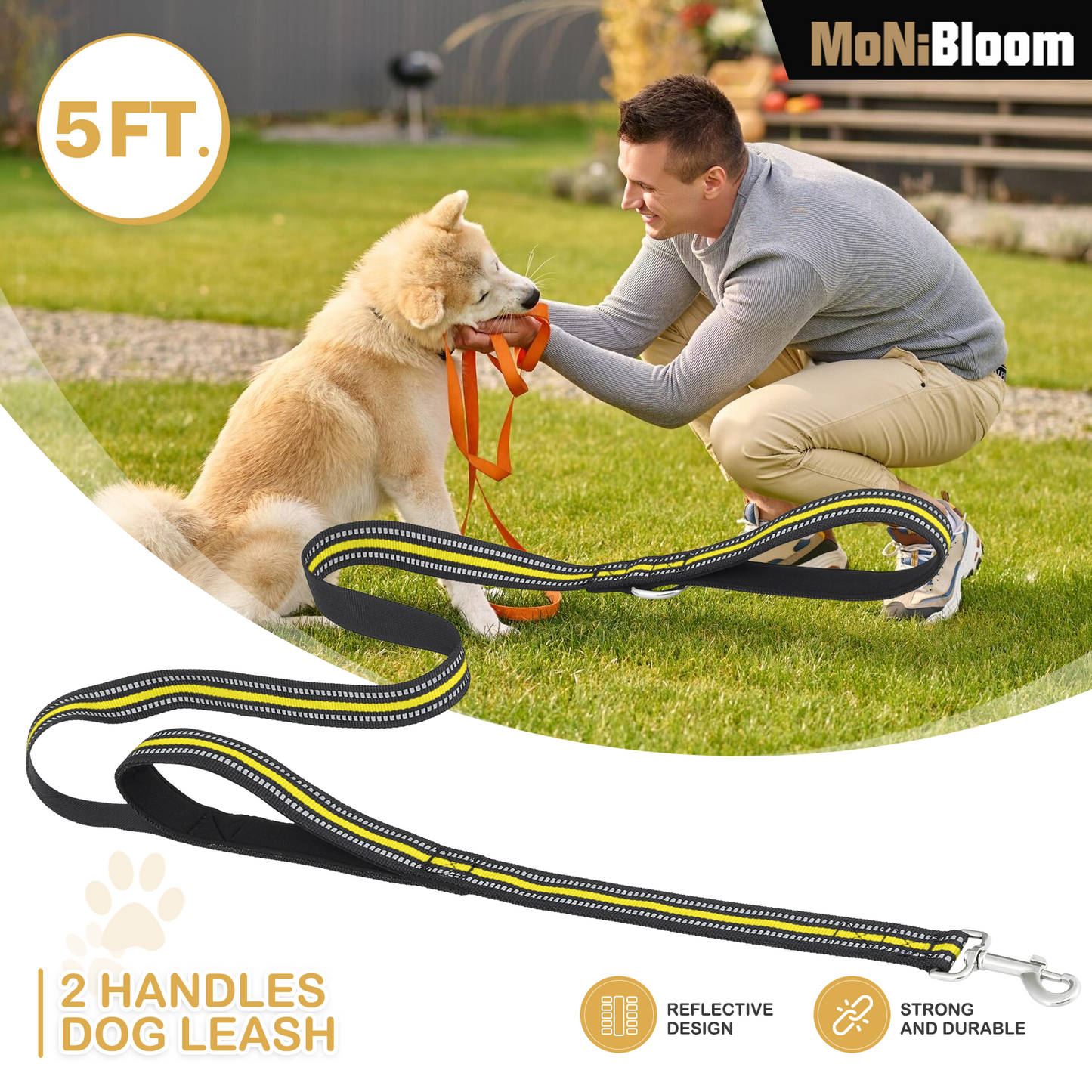 5 ft Reflective Strips Dog Leash - w/ 2 Handles