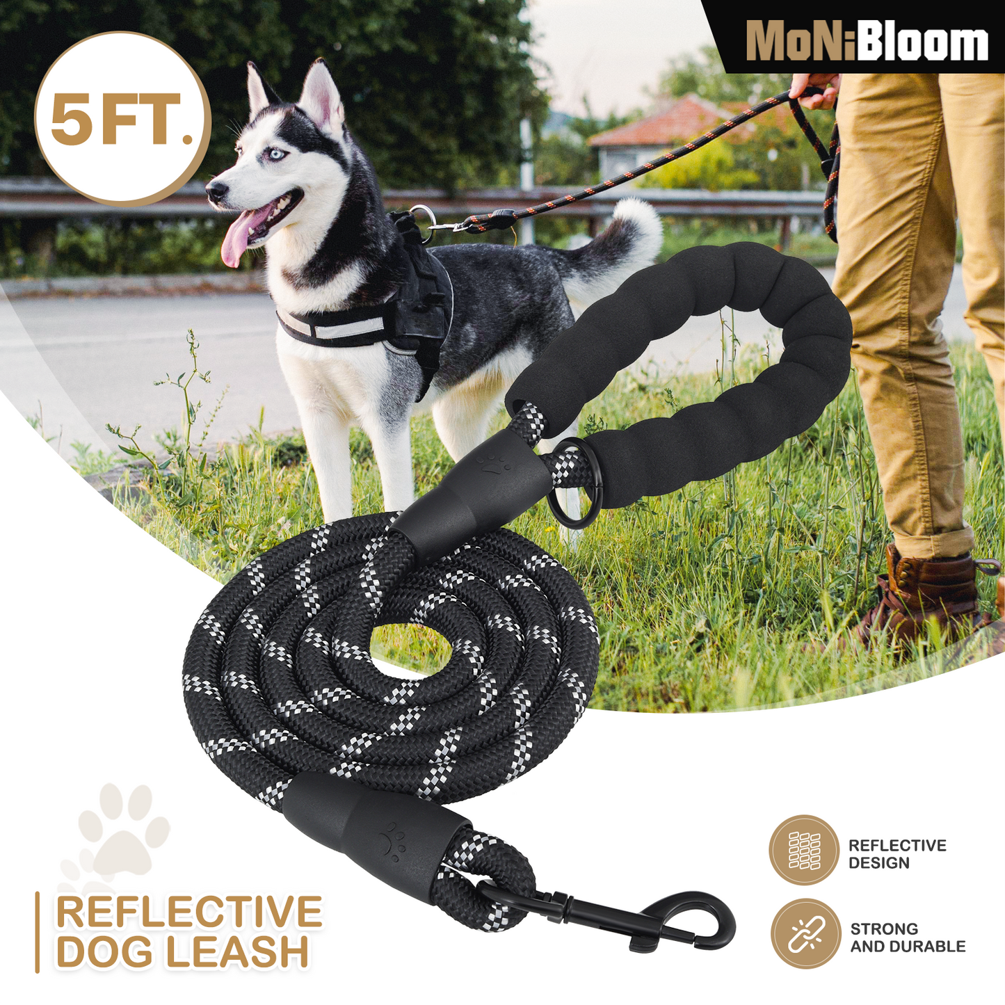 5 ft Reflective Strips Dog Leash - w/ Foam Handles