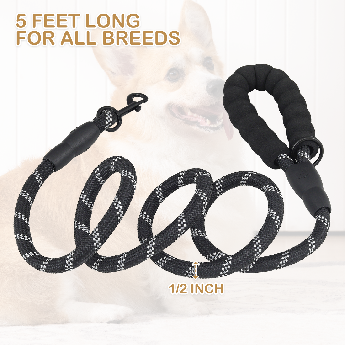 5 ft Reflective Strips Dog Leash - w/ Foam Handles