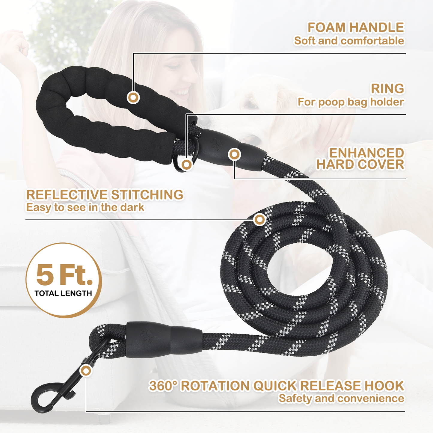 5 ft Reflective Strips Dog Leash - w/ Foam Handles