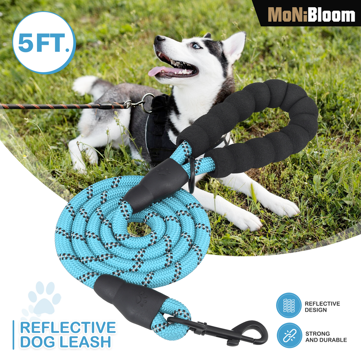 5 ft Reflective Strips Dog Leash - w/ Foam Handles