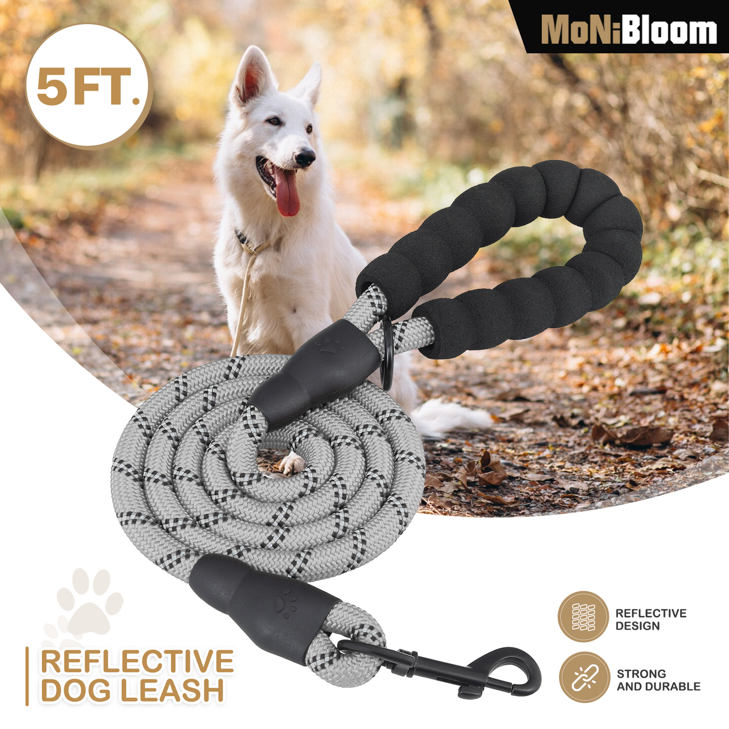 5 ft Reflective Strips Dog Leash - w/ Foam Handles