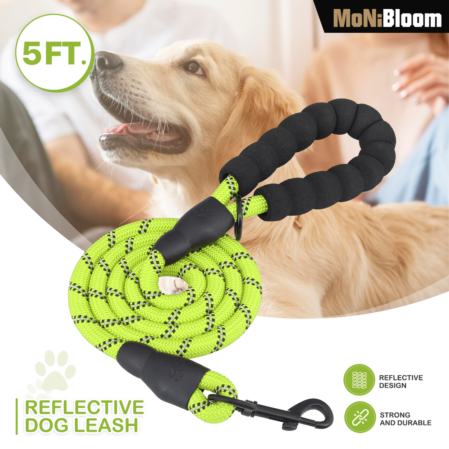 5 ft Reflective Strips Dog Leash - w/ Foam Handles