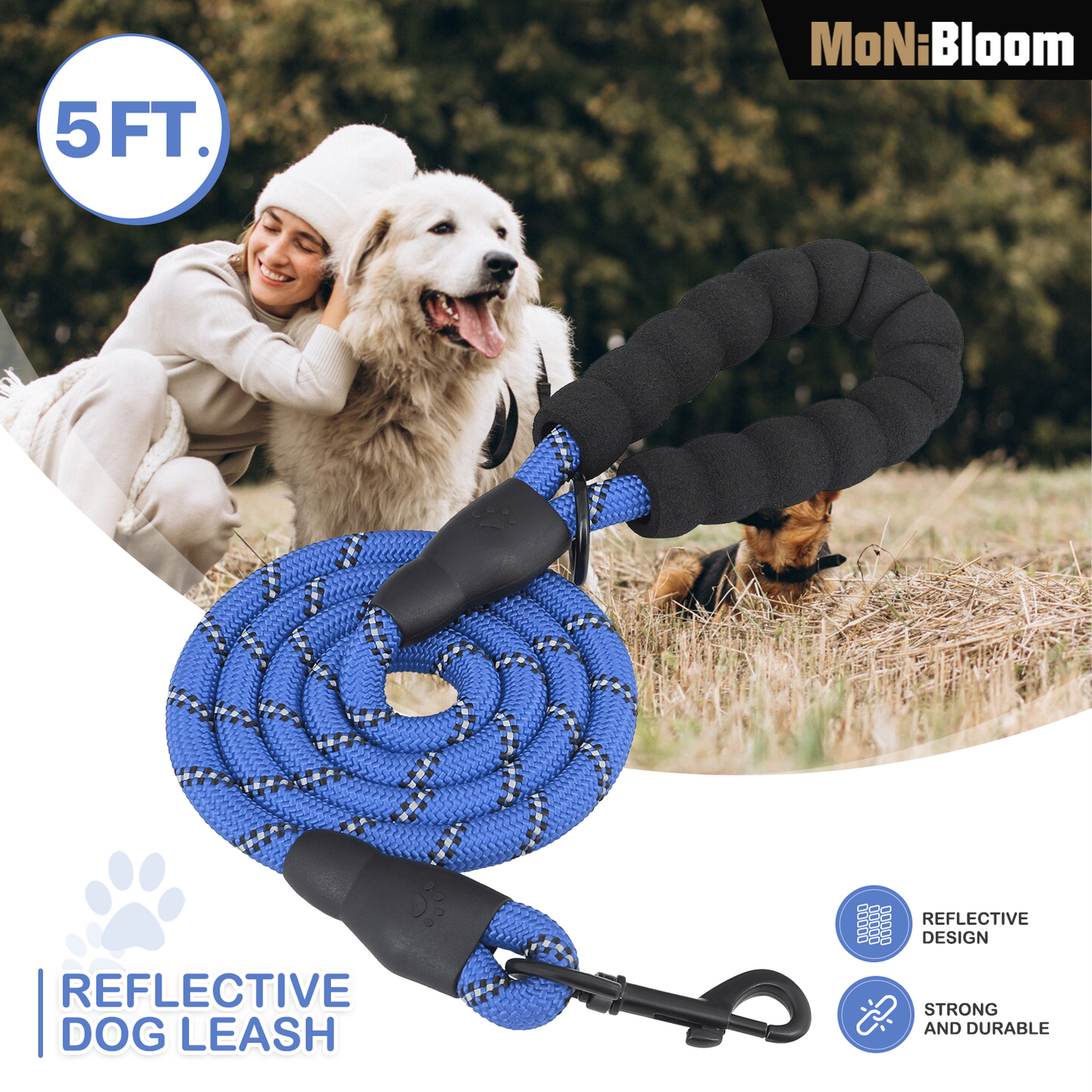 5 ft Reflective Strips Dog Leash - w/ Foam Handles