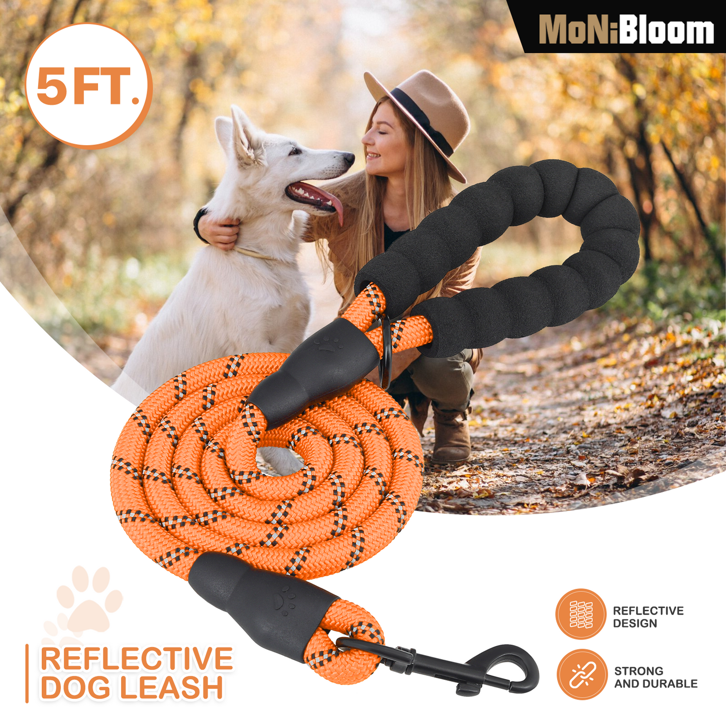 5 ft Reflective Strips Dog Leash - w/ Foam Handles