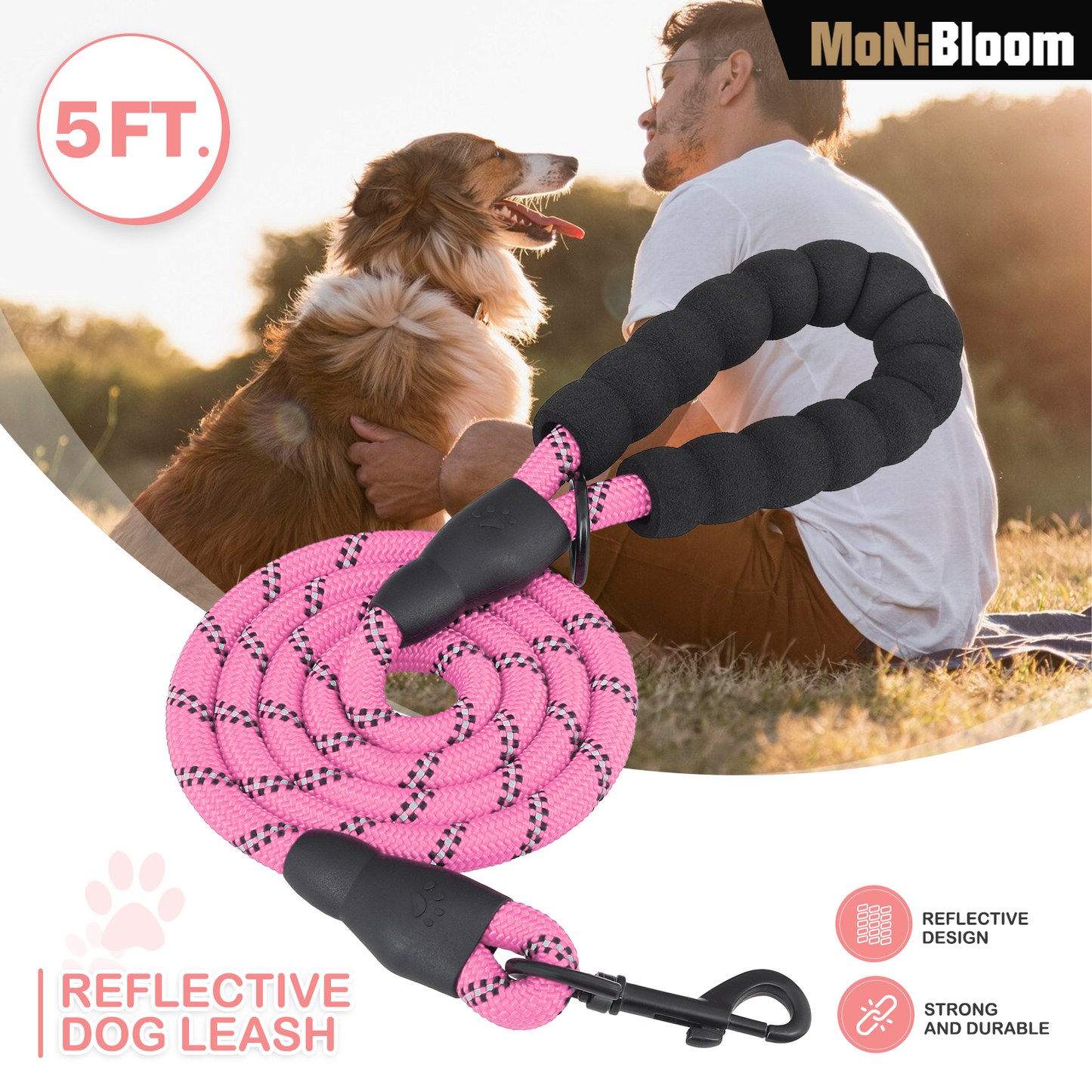 5 ft Reflective Strips Dog Leash - w/ Foam Handles