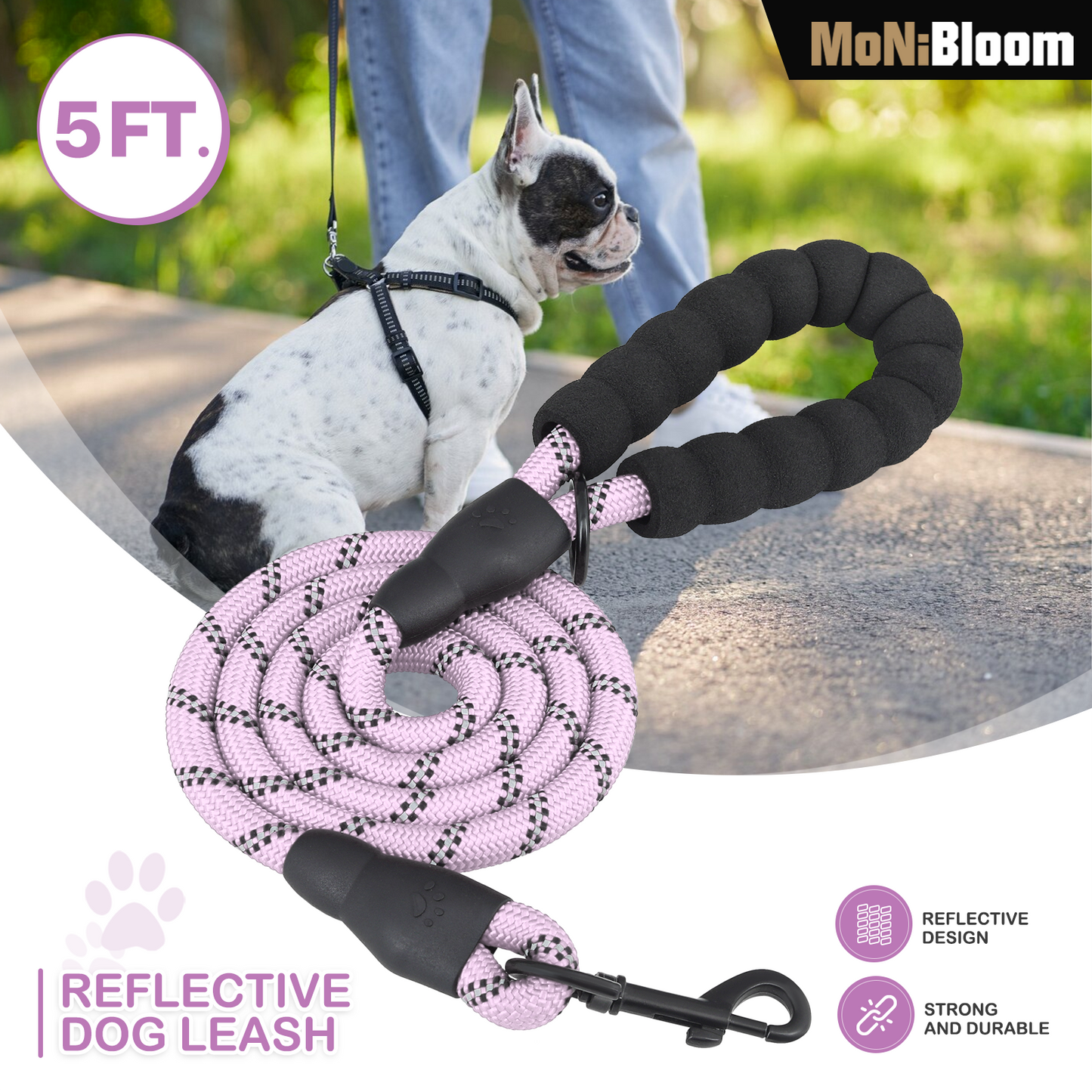 5 ft Reflective Strips Dog Leash - w/ Foam Handles