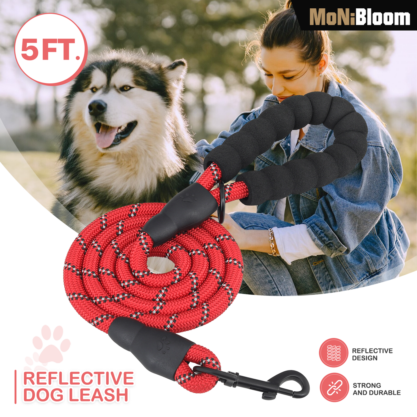 5 ft Reflective Strips Dog Leash - w/ Foam Handles