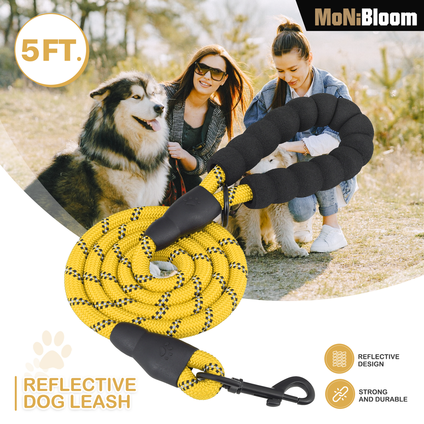 5 ft Reflective Strips Dog Leash - w/ Foam Handles