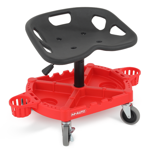 Roller Seat 300 lbs Capacity - Round - (L)19.5in. (W)15.5in. (H)5.0in. -Adjustable Height 20.0in. - 25.0in. - Built-in Tool Organizer Tray - Black / Red