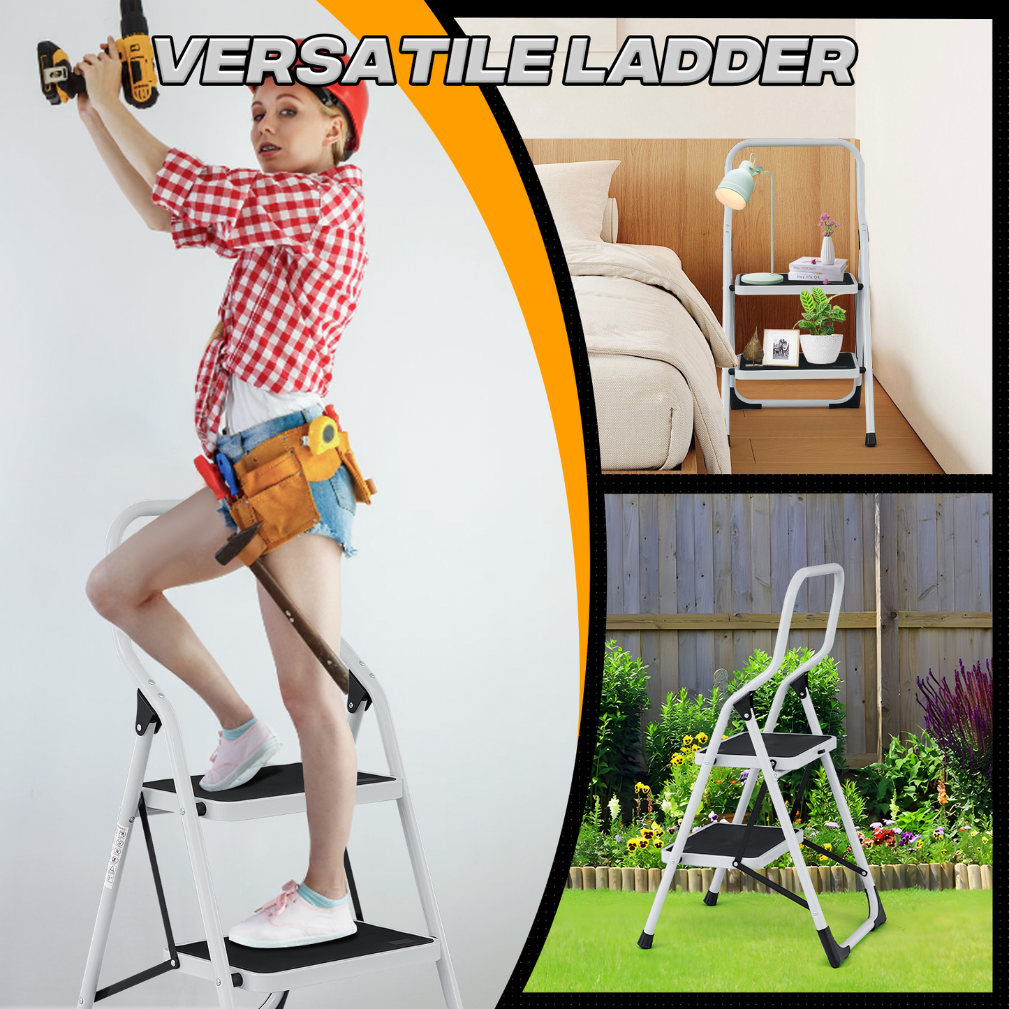 Step Ladder-2 Step-36"Height - White - Iron+PP