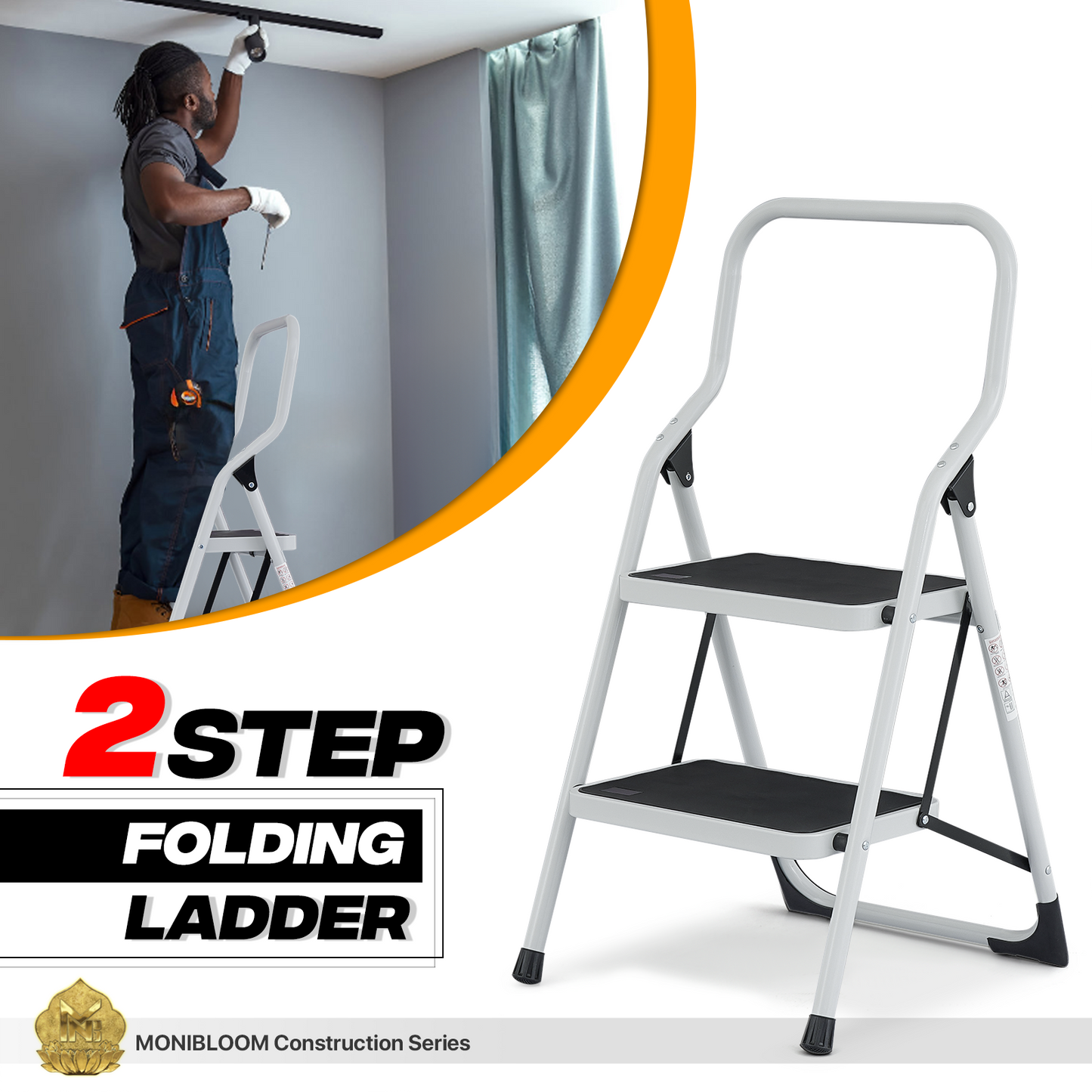 Step Ladder-2 Step-36"Height - White - Iron+PP