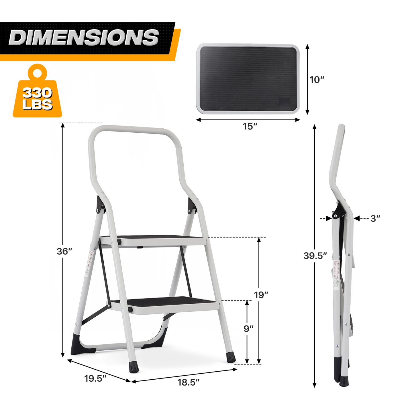 Step Ladder-2 Step-36"Height - White - Iron+PP