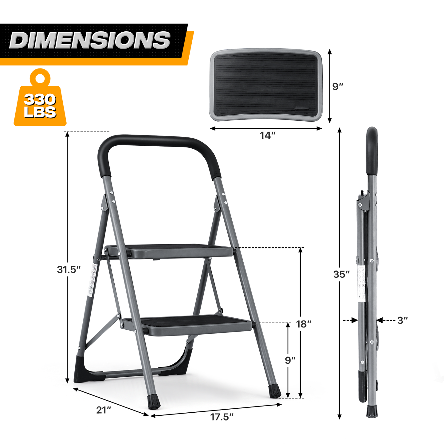 Step Ladder-2 Step-31"Height - Black - Iron+PP