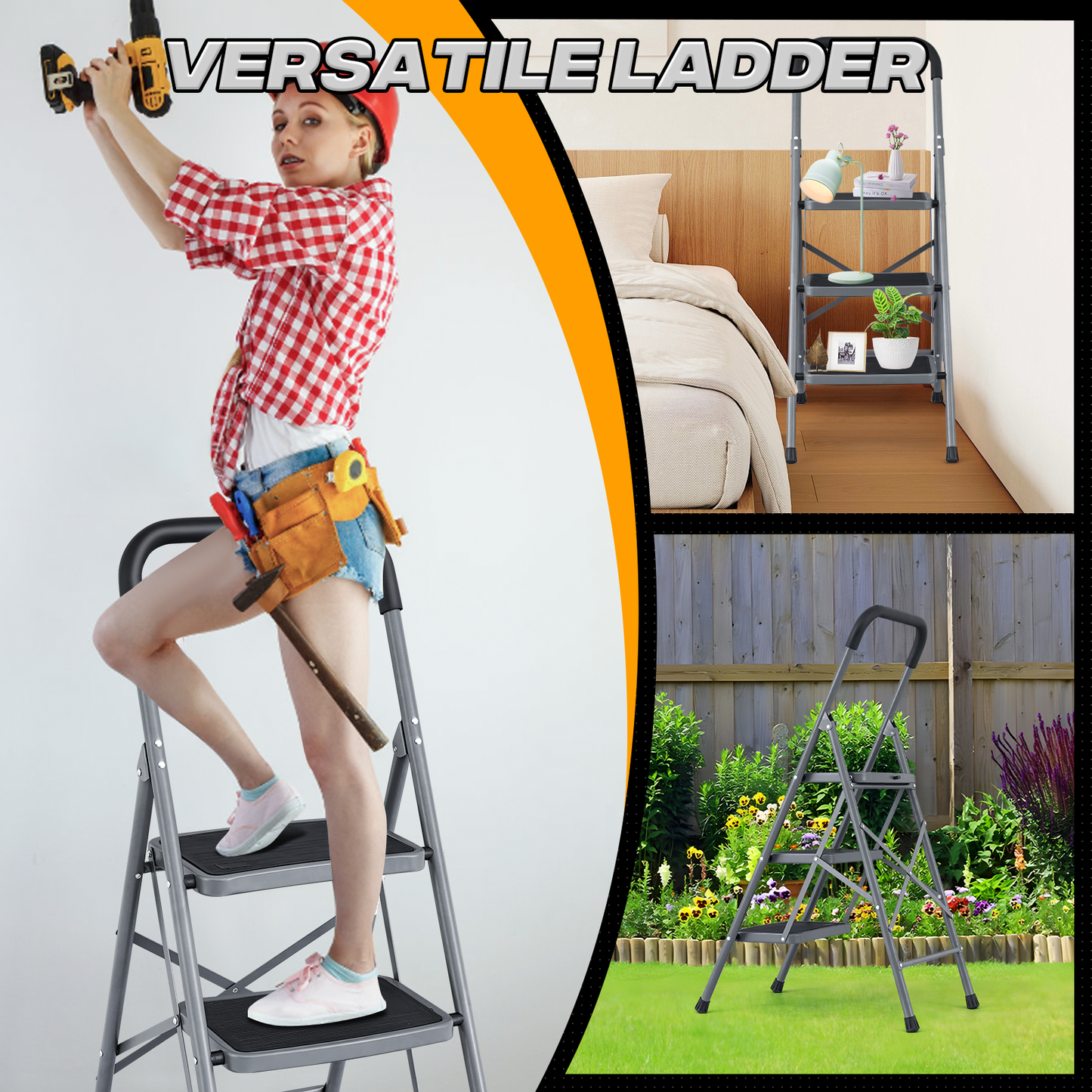 Step Ladder-3 Step-45"Height - Black - Iron+PP