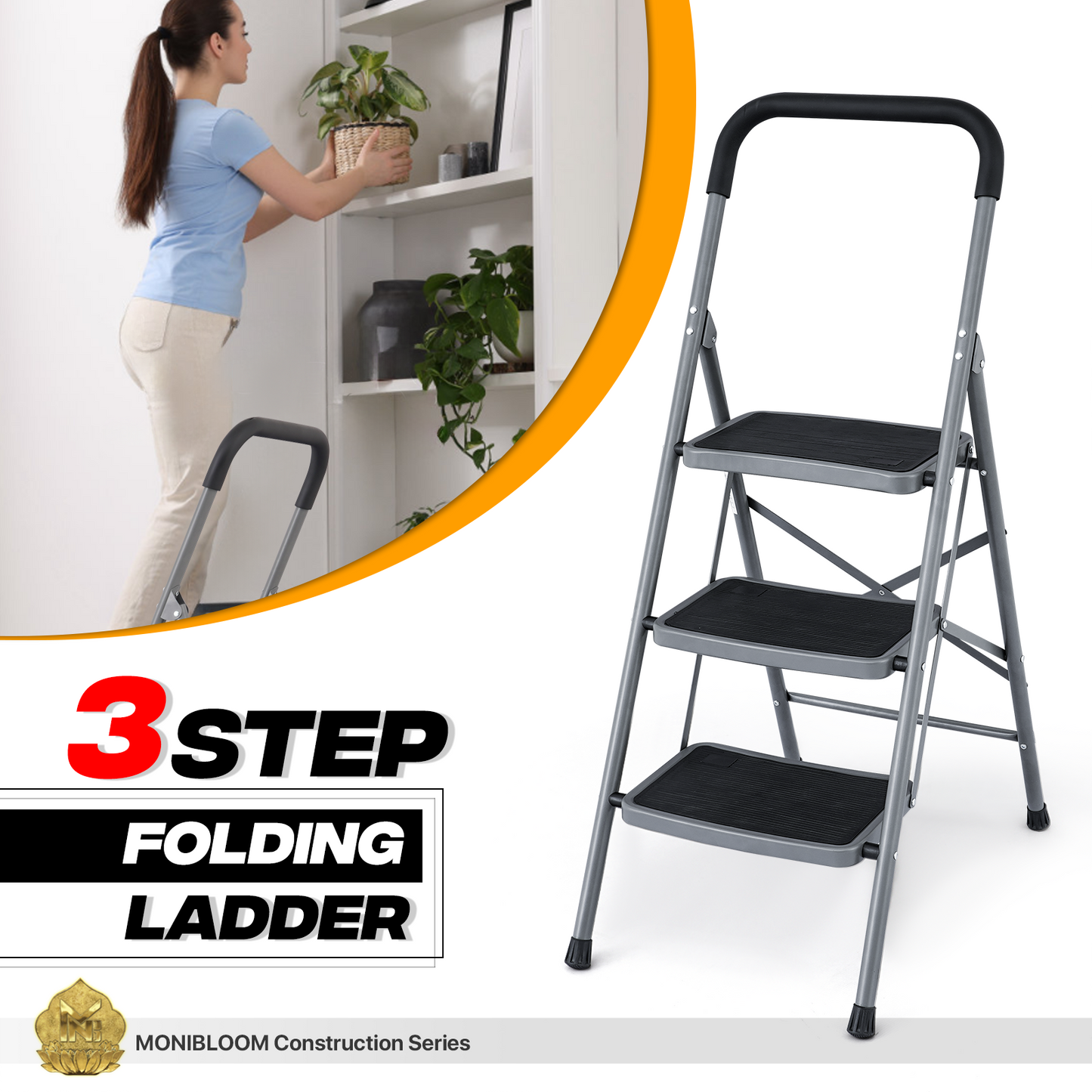 Step Ladder-3 Step-45"Height - Black - Iron+PP