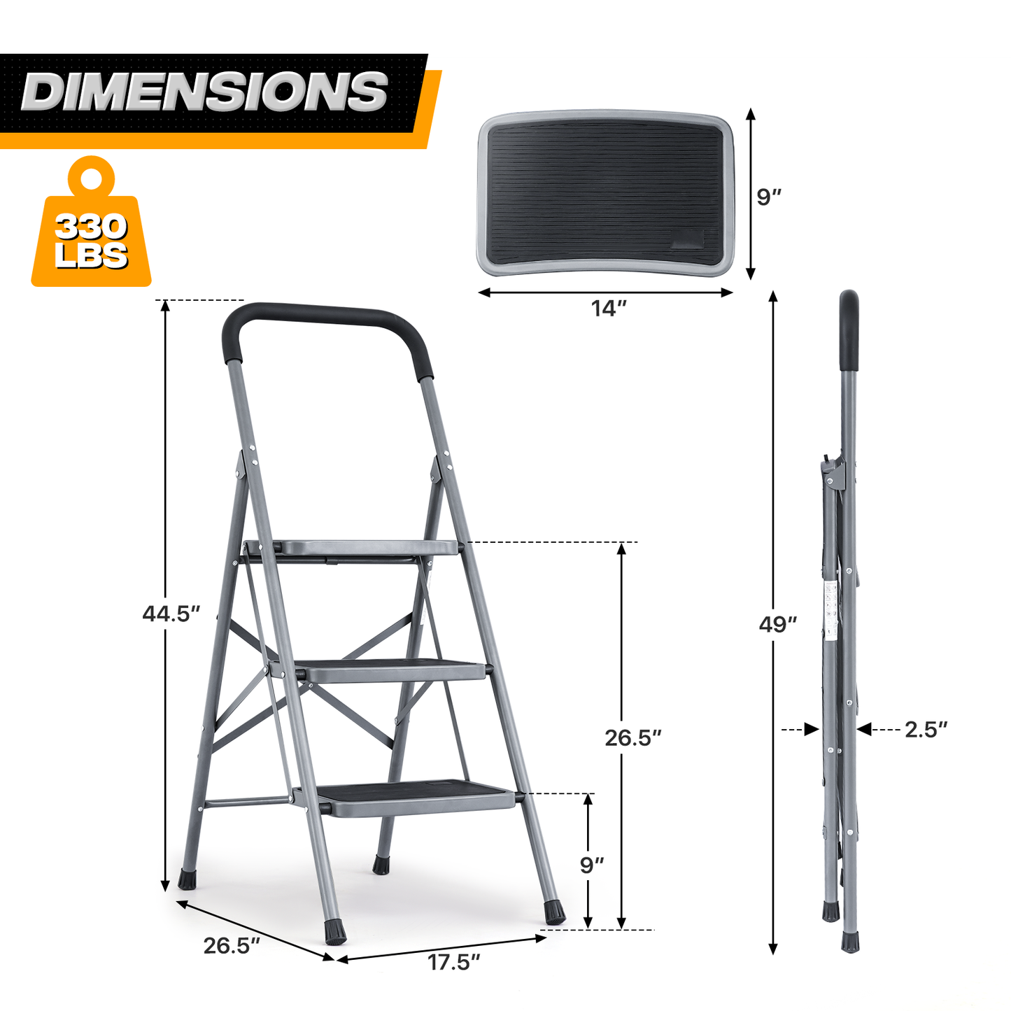 Step Ladder-3 Step-45"Height - Black - Iron+PP