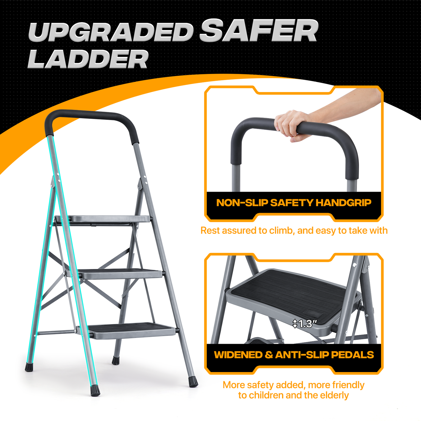 Step Ladder-3 Step-45"Height - Black - Iron+PP