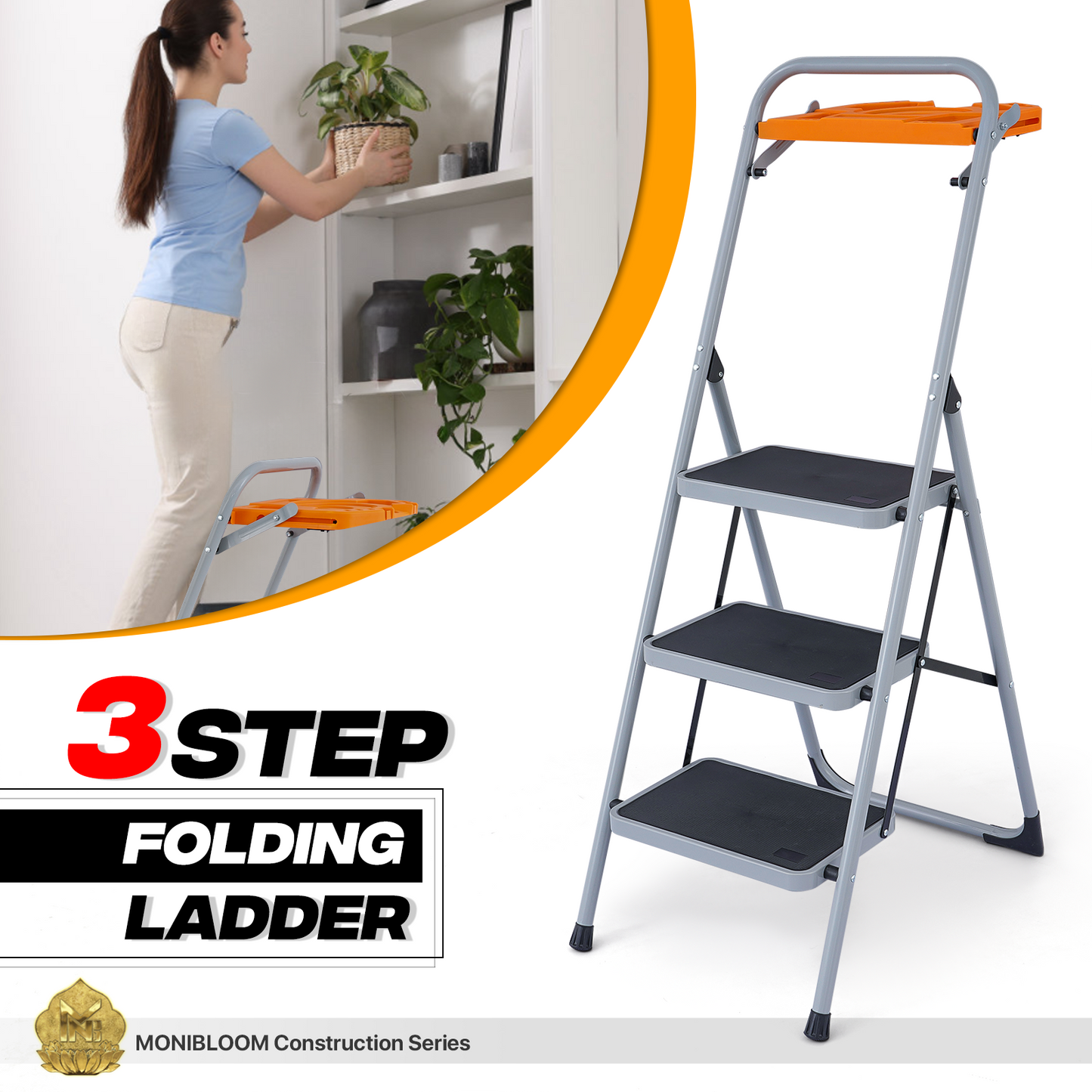 Step Ladder-3 Step-52"Height - Hrey ,With Tool Tray - Iron+PP