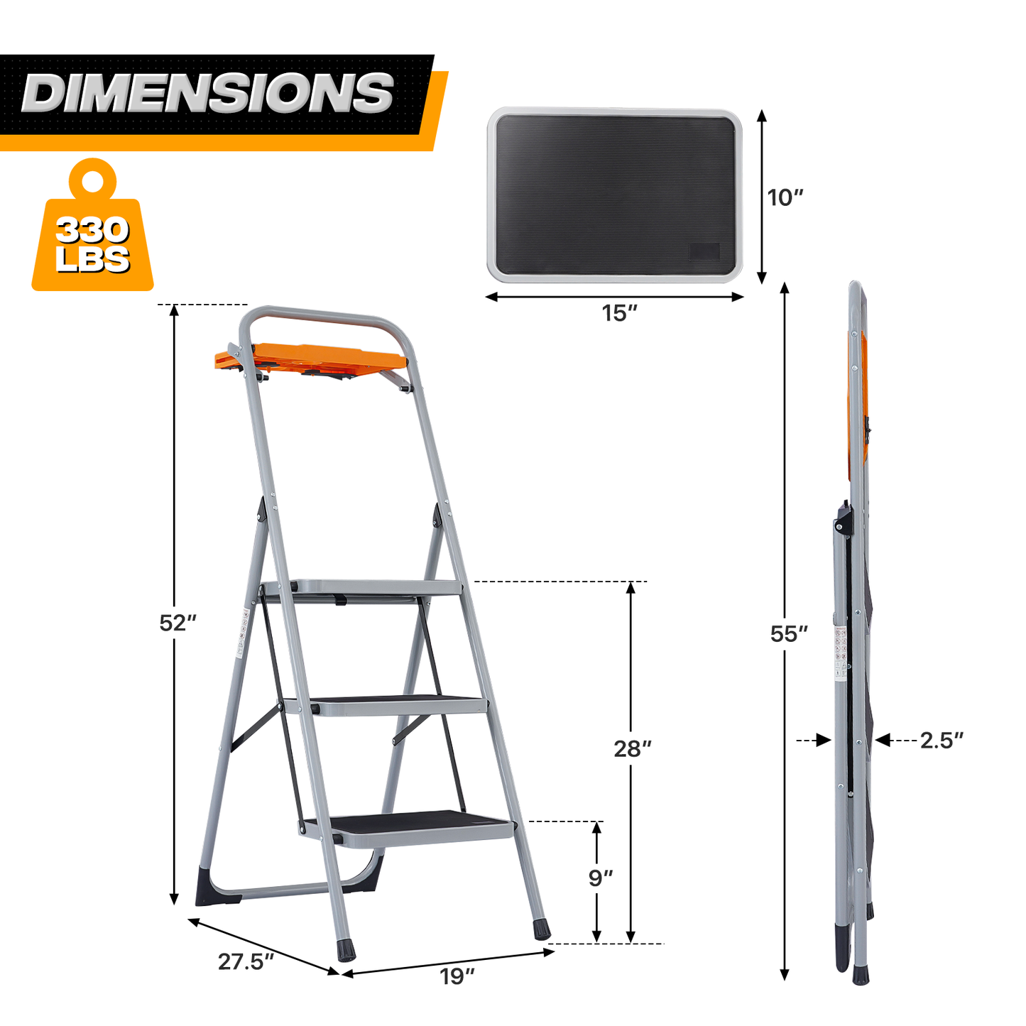 Step Ladder-3 Step-52"Height - Hrey ,With Tool Tray - Iron+PP