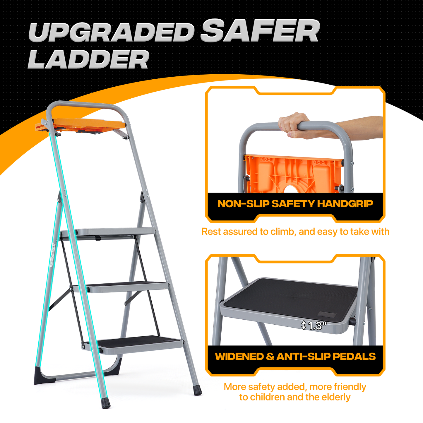 Step Ladder-3 Step-52"Height - Hrey ,With Tool Tray - Iron+PP