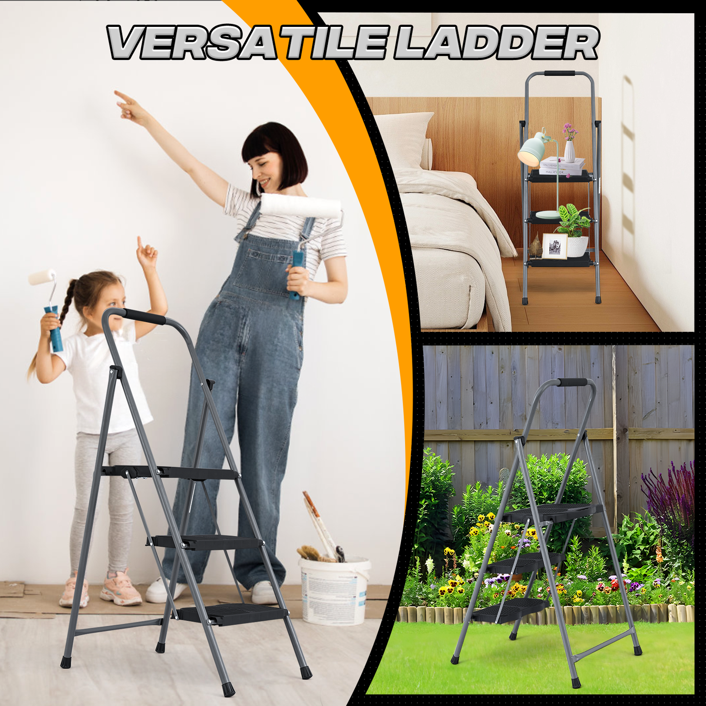 Step Ladder-3 Step-49"Height - Black,with Anti Slip Pedal  - Iron+PP