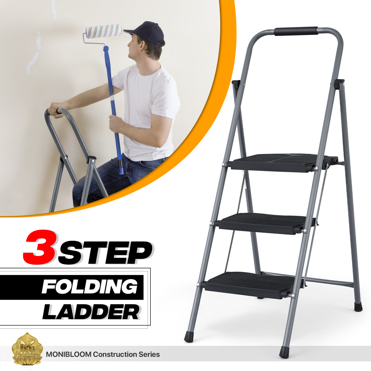 Step Ladder-3 Step-49"Height - Black,with Anti Slip Pedal  - Iron+PP