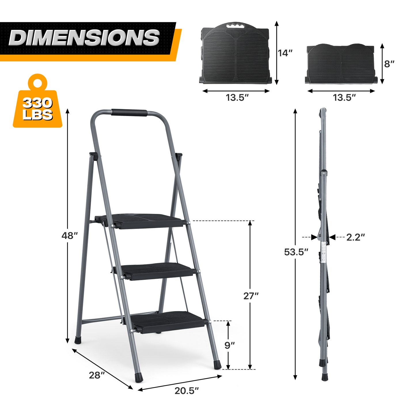 Step Ladder-3 Step-49"Height - Black,with Anti Slip Pedal  - Iron+PP