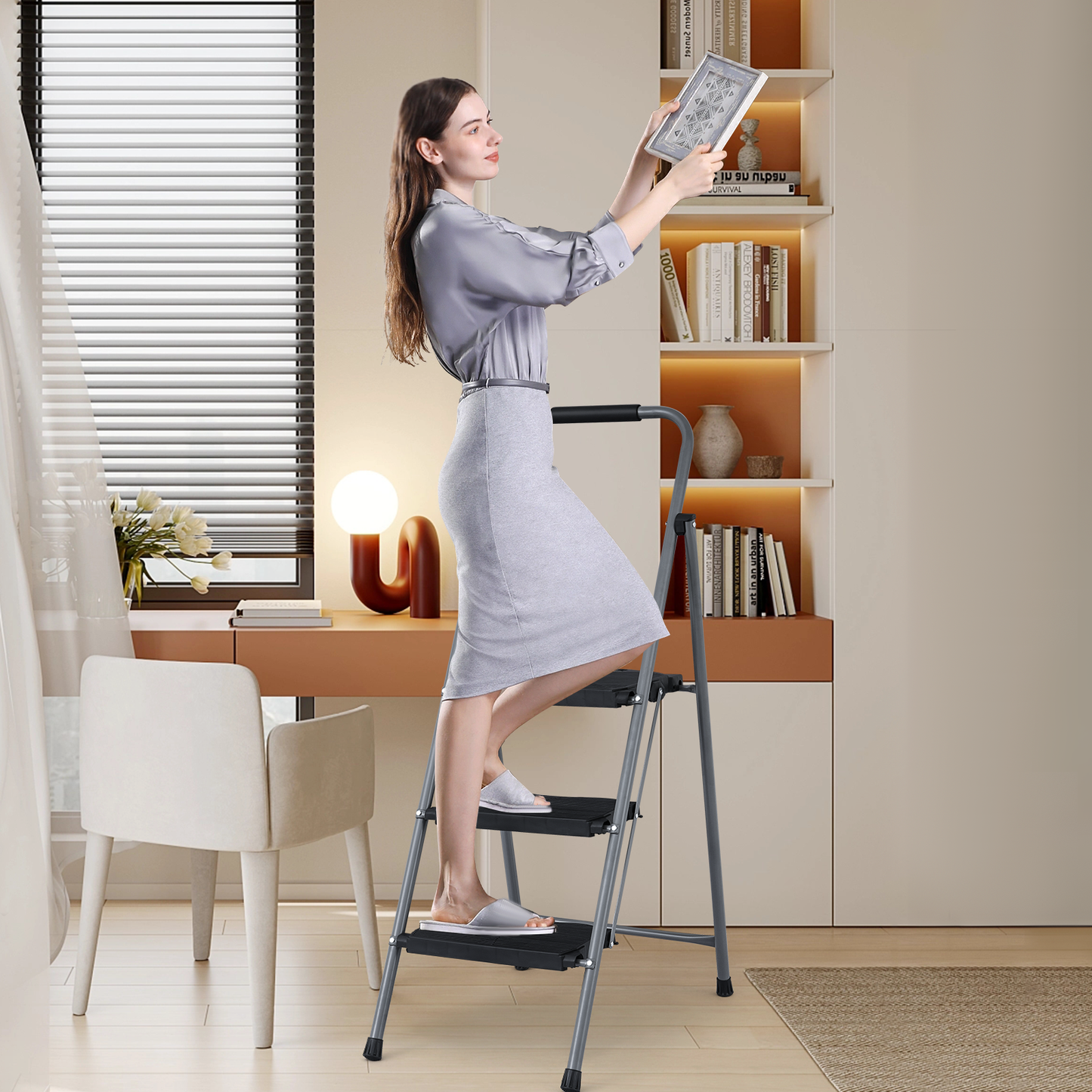 Step Ladder-3 Step-49"Height - Black,with Anti Slip Pedal  - Iron+PP