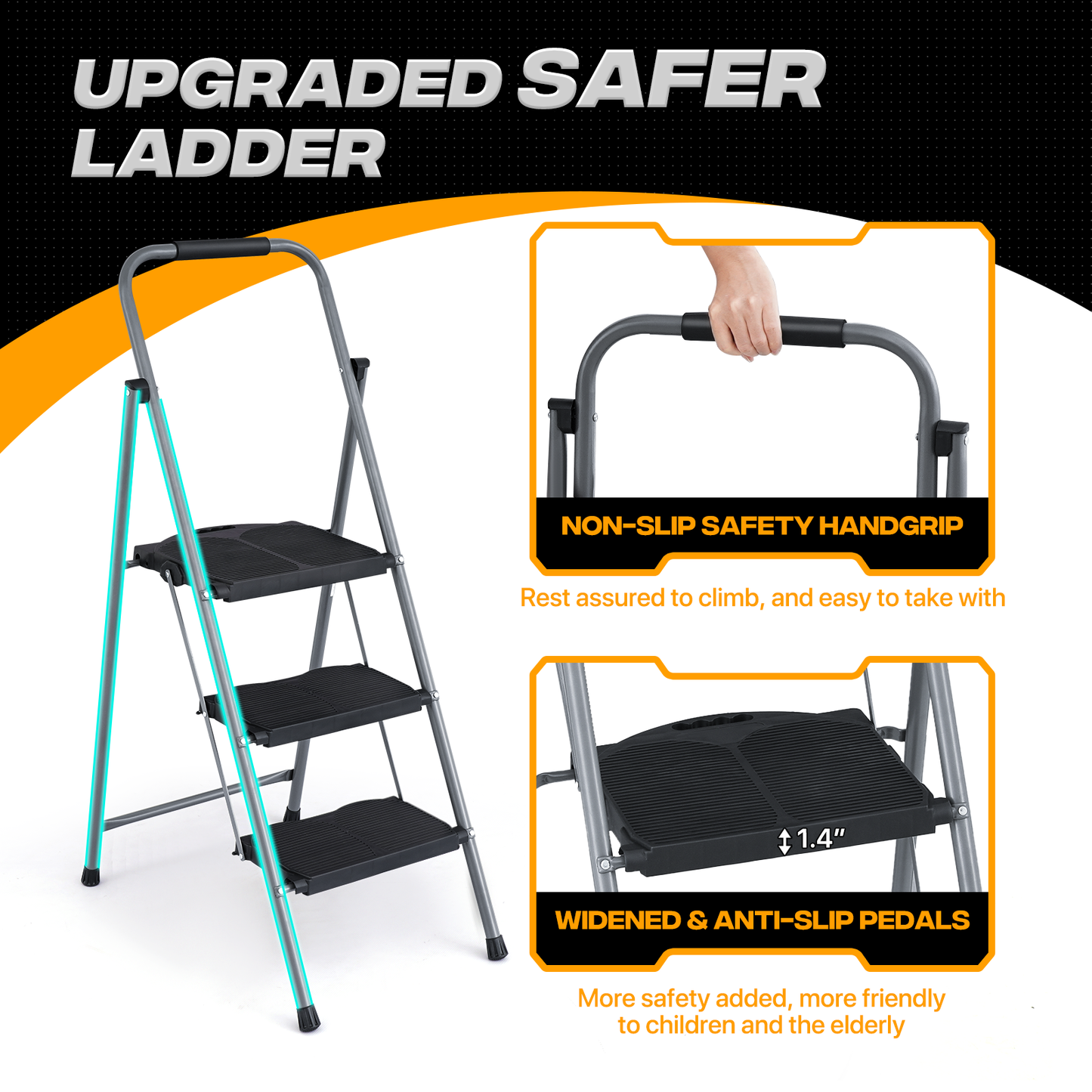 Step Ladder-3 Step-49"Height - Black,with Anti Slip Pedal  - Iron+PP