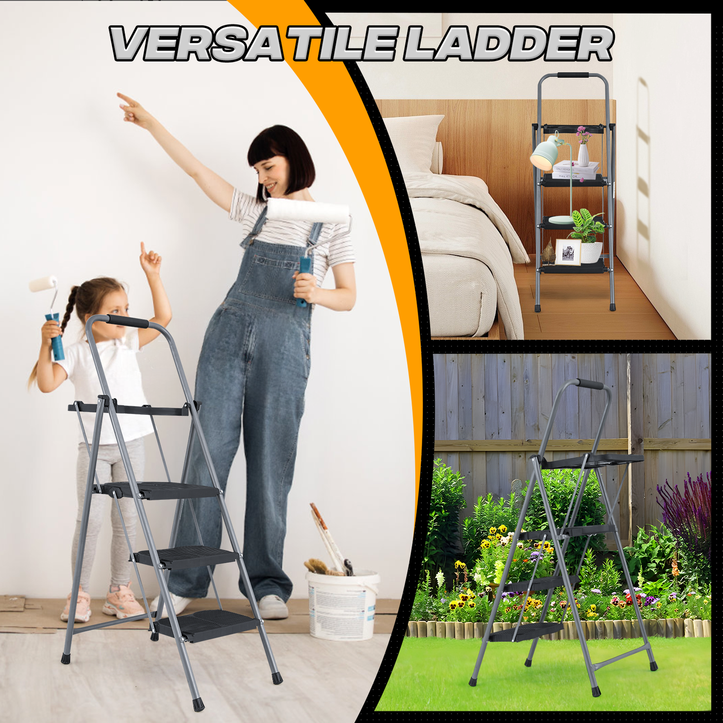 Step Ladder-3 Step-52"Height - Black,with Anti Slip Pedal+Tool Tray  - Iron+PP