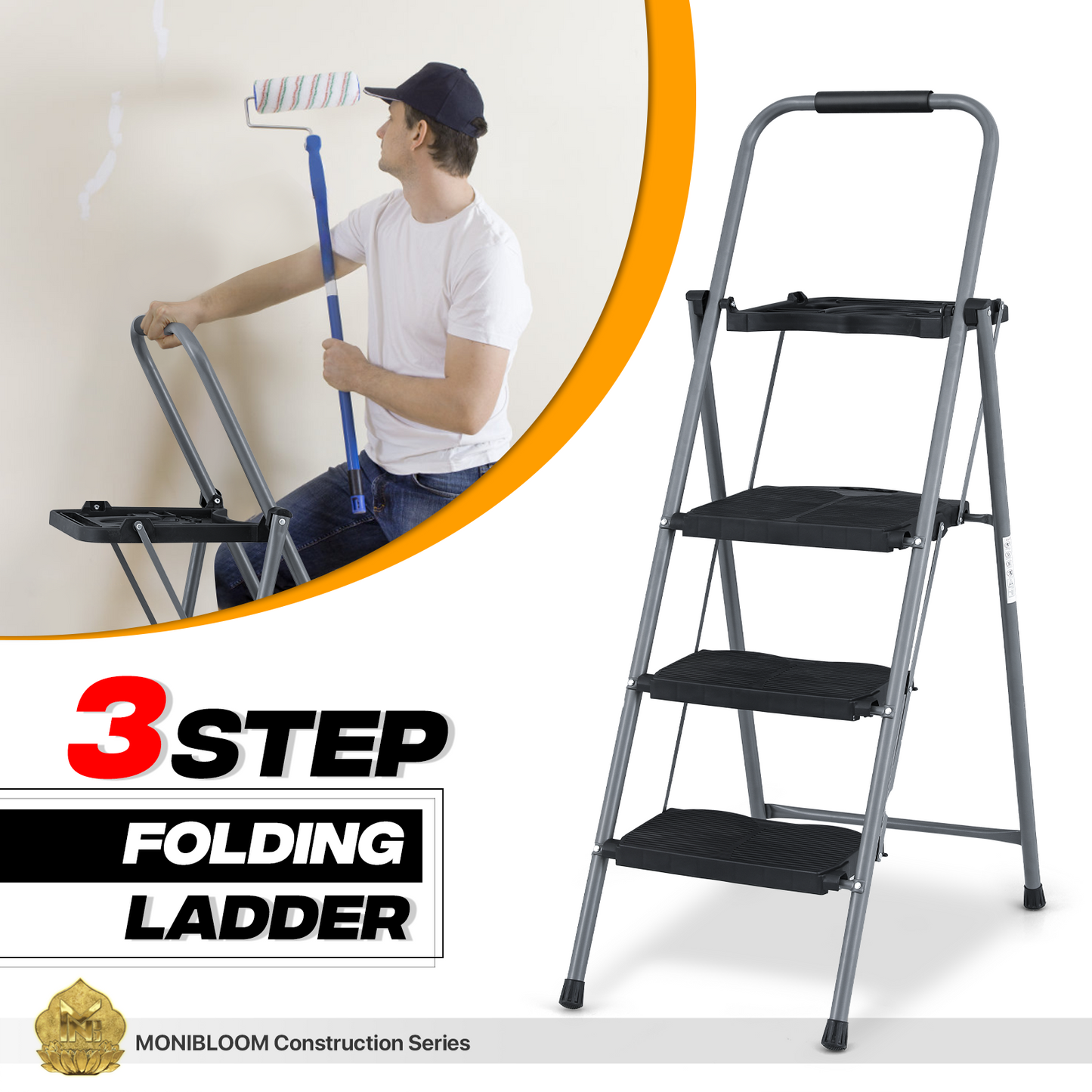 Step Ladder-3 Step-52"Height - Black,with Anti Slip Pedal+Tool Tray  - Iron+PP