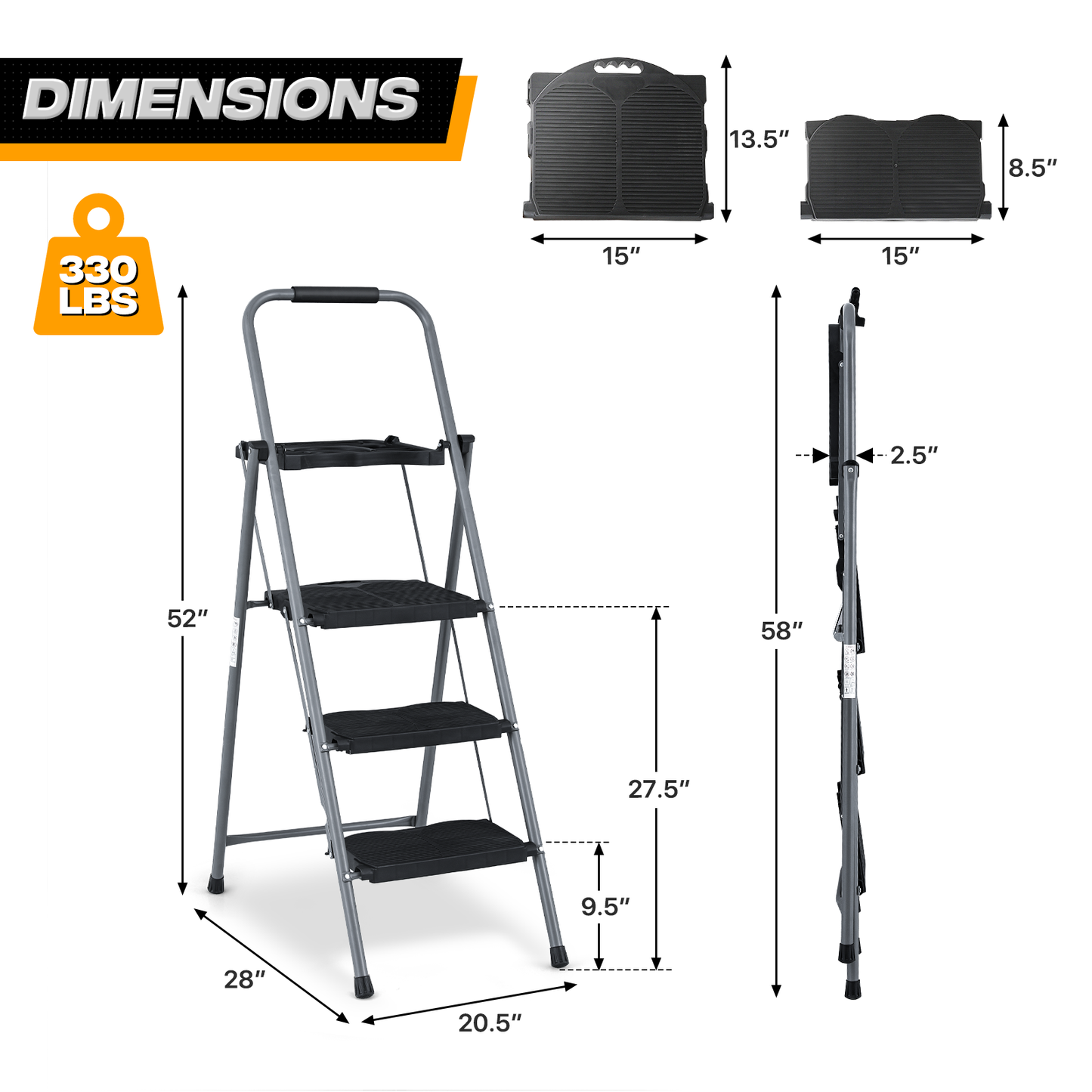 Step Ladder-3 Step-52"Height - Black,with Anti Slip Pedal+Tool Tray  - Iron+PP