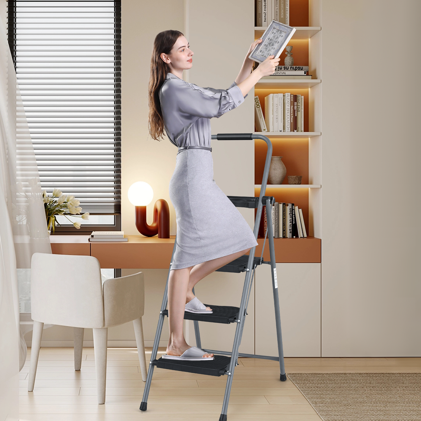 Step Ladder-3 Step-52"Height - Black,with Anti Slip Pedal+Tool Tray  - Iron+PP