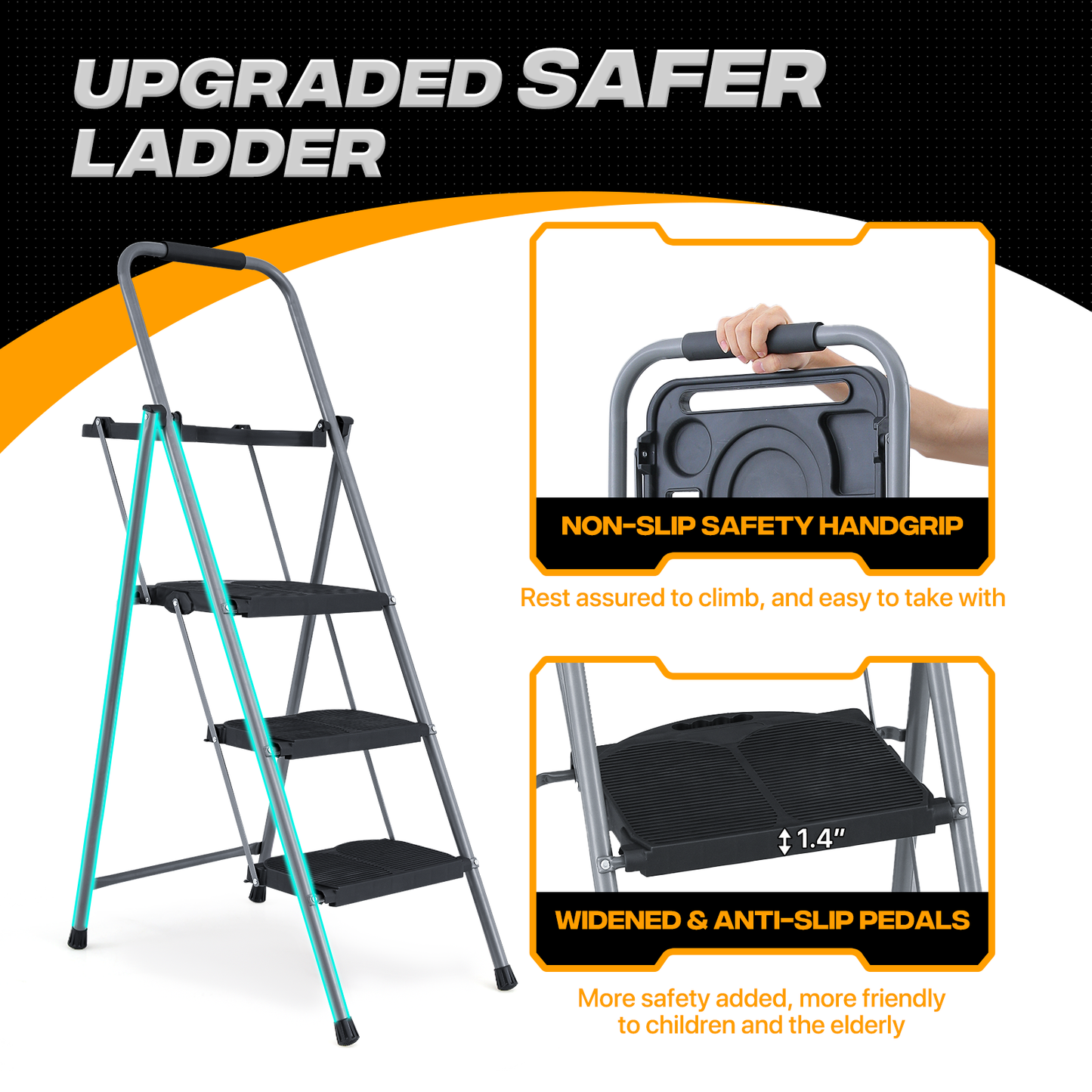 Step Ladder-3 Step-52"Height - Black,with Anti Slip Pedal+Tool Tray  - Iron+PP